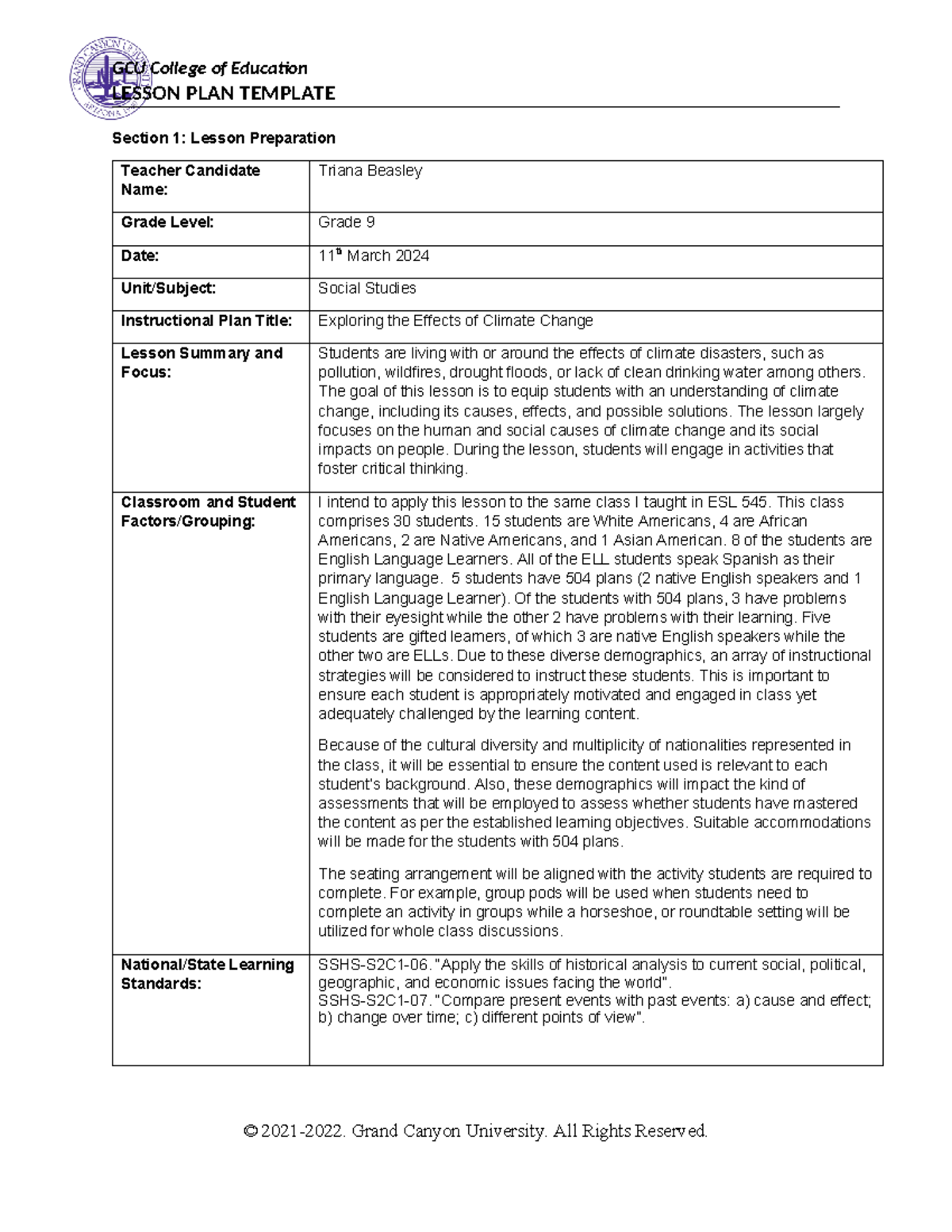 COE Lesson Plan Climate Change - LESSON PLAN TEMPLATE Section 1: Lesson ...