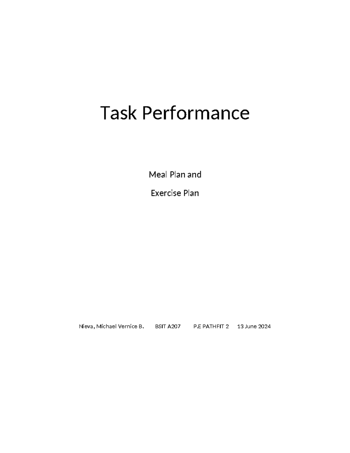 Pathfit-2 - Portfolio Meal Record and pulse rate - Task Performance ...