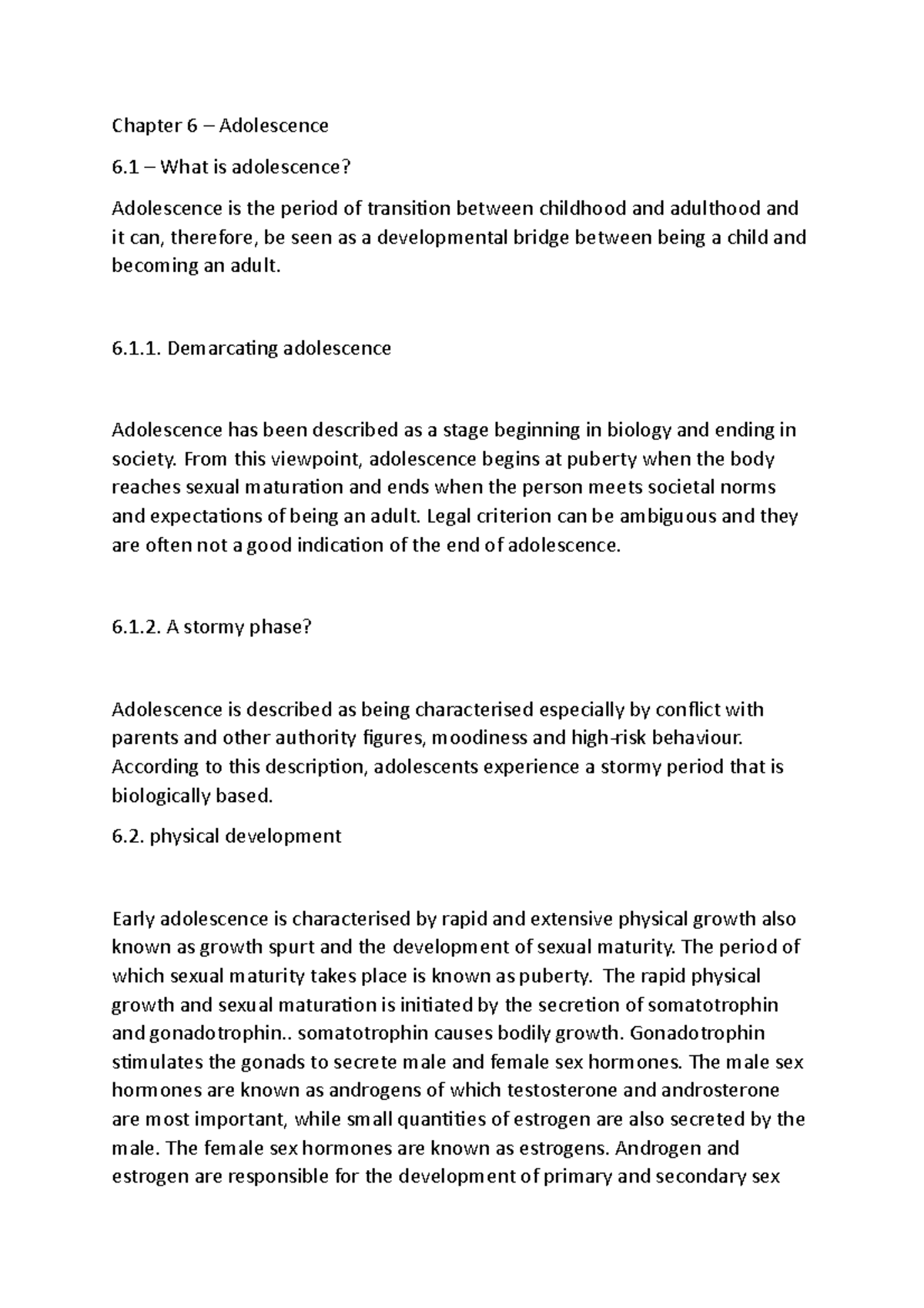 Chapter 6 slk - NOTES - Chapter 6 – Adolescence 6 – What is adolescence ...