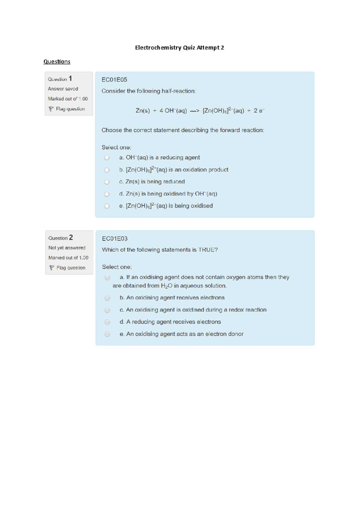 Electrochemistry Quiz Attempt 2 CHEM1011 Studocu
