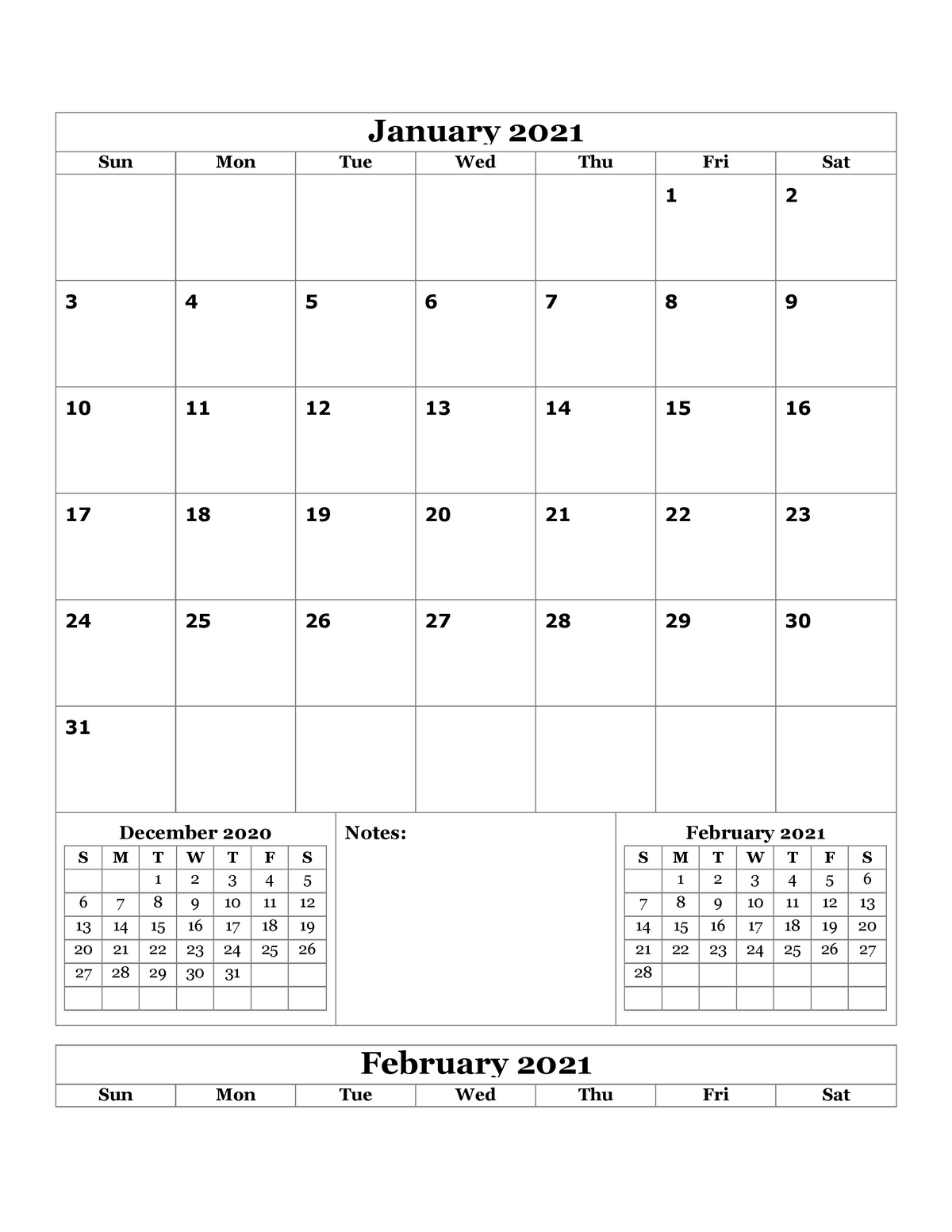 2021 monthly calendar portrait 16 - Sun Mon TueJanuary 2021Wed Thu Fri ...