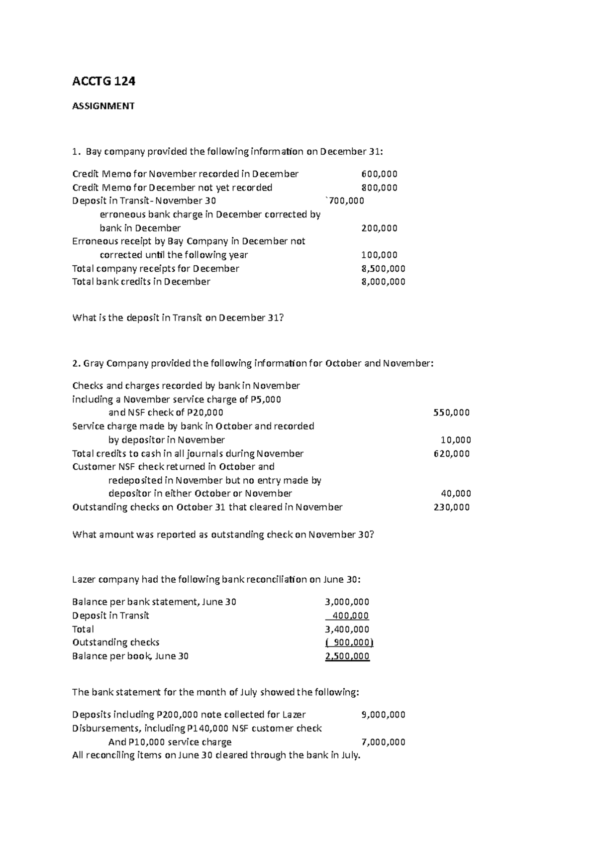 Proof OF CASH Assignment - ACCTG 124 ASSIGNMENT Bay company provided ...