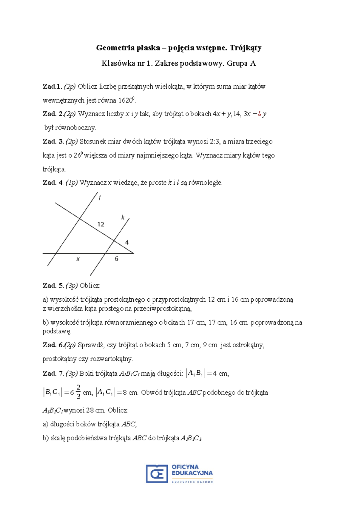 Geometria Płaska Pojęcia Wstępne Sprawdzian 1 Liceum Pdf