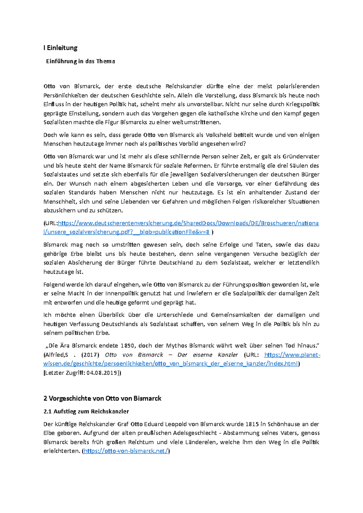 Otto von bismarck Note 1,3 I Einleitung Einführung in das Thema