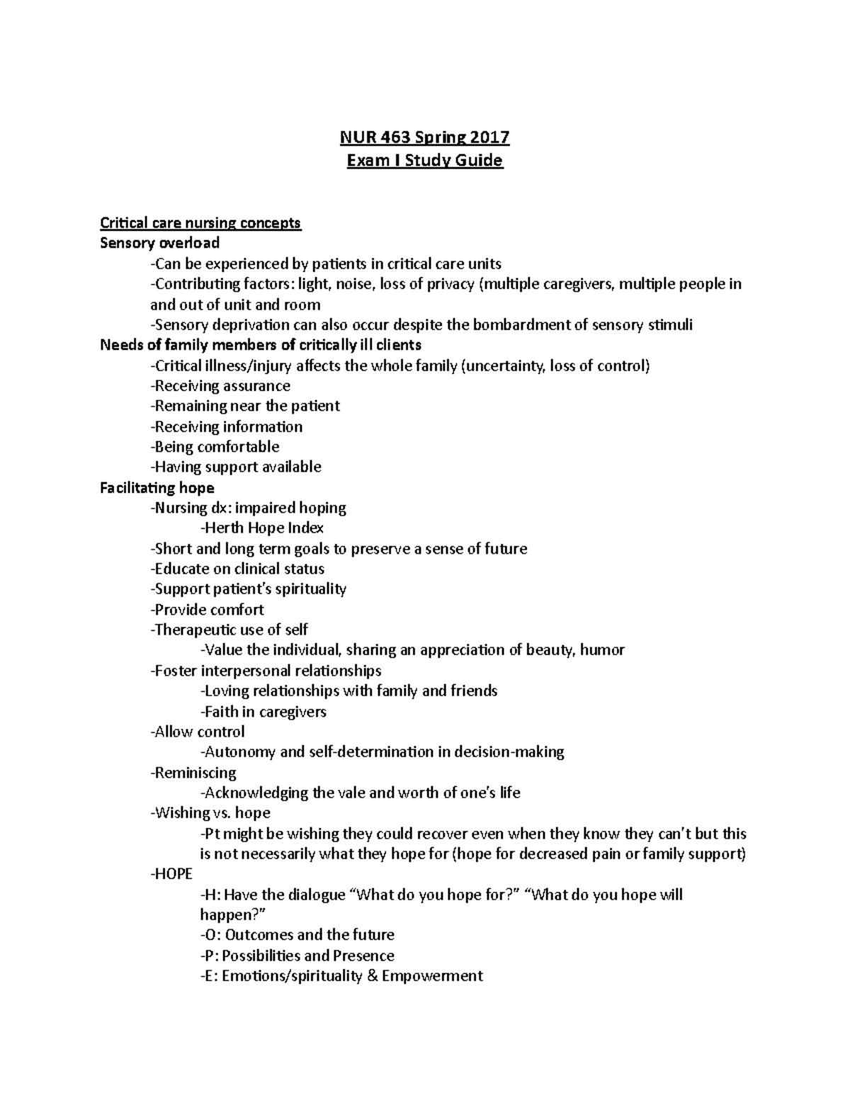 Exam 1 Study Guide-2 - NUR 463 Spring 2017 Exam I Study Guide Critical ...