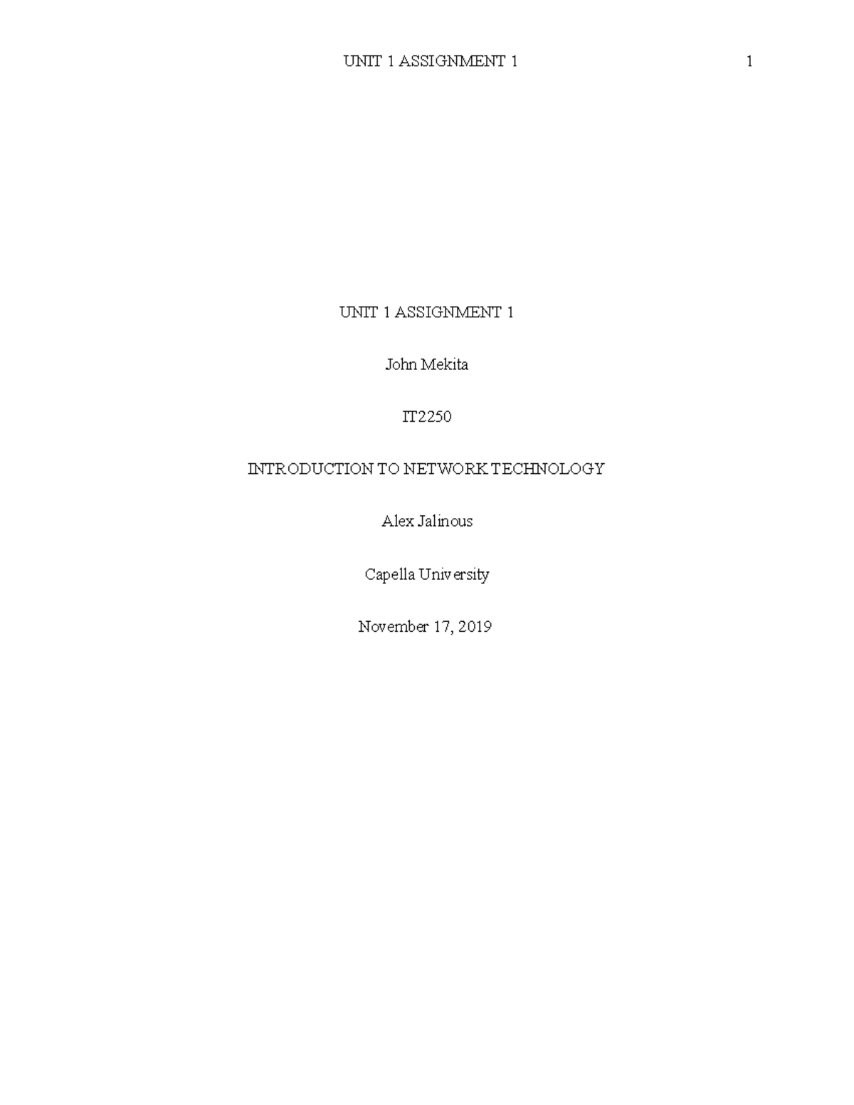 U1 Assignment 1 IT2250 - U1A1 - UNIT 1 ASSIGNMENT 1 John Mekita IT ...