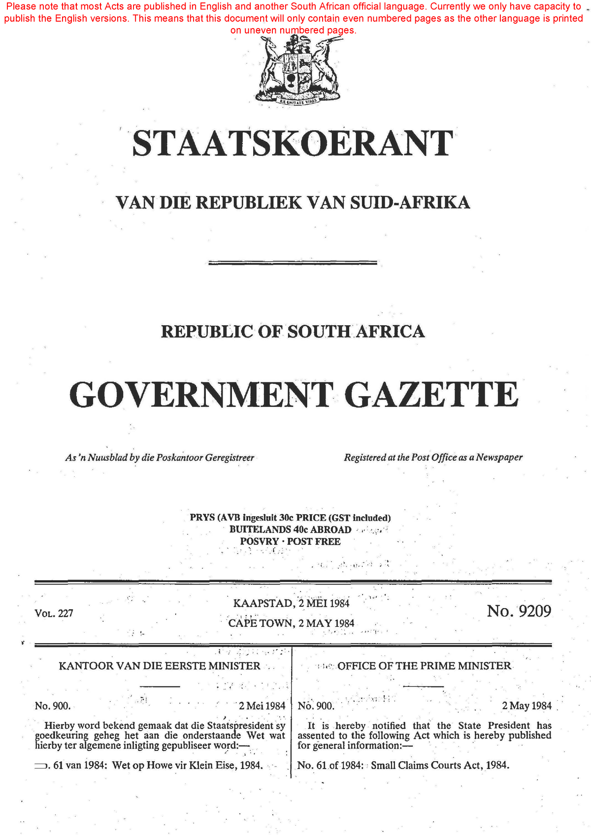 act-61-1984-study-notes-staats-oerant-van-die-republiek-van-suid