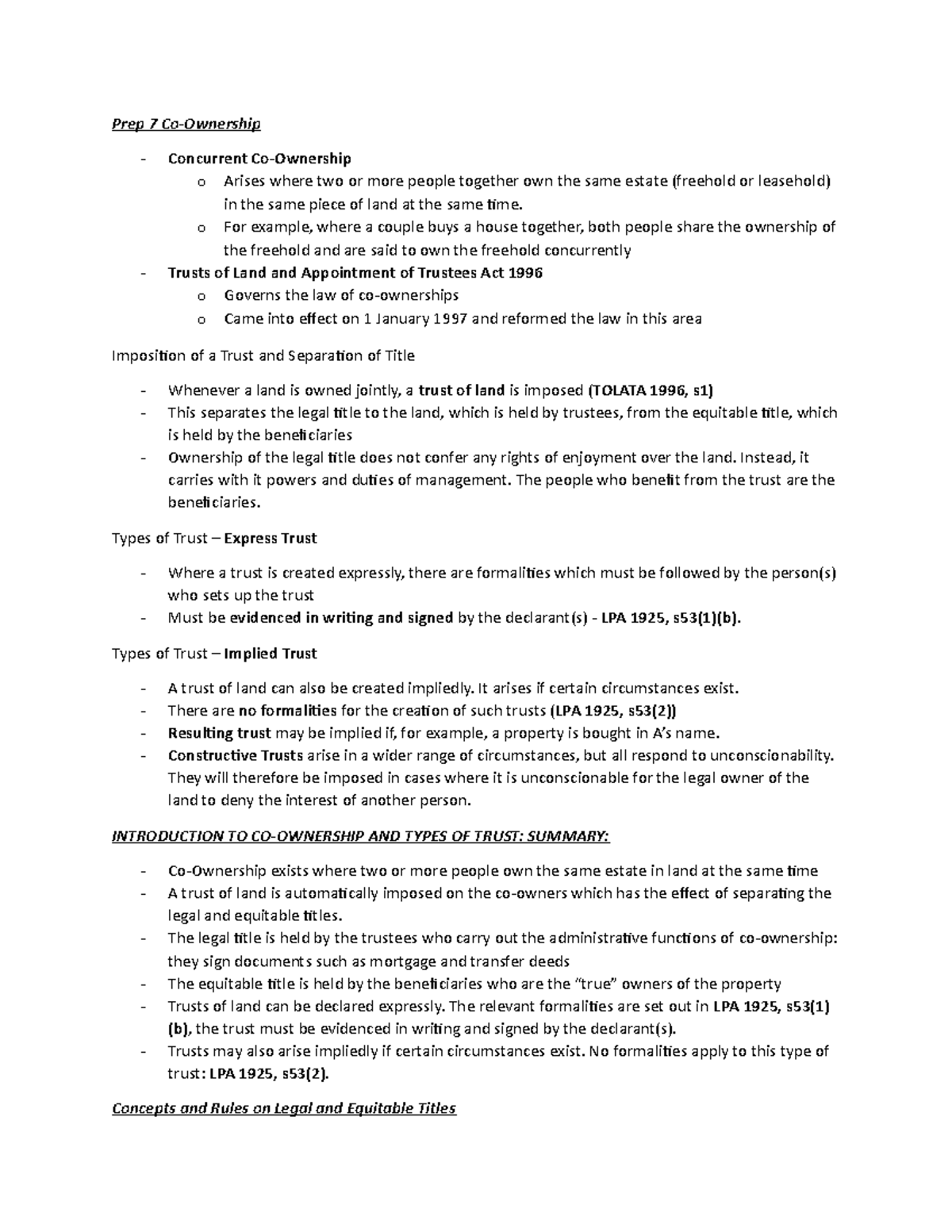 Prep 7 Co-Ownership - All notes required for a Distinction - Prep 7 Co ...