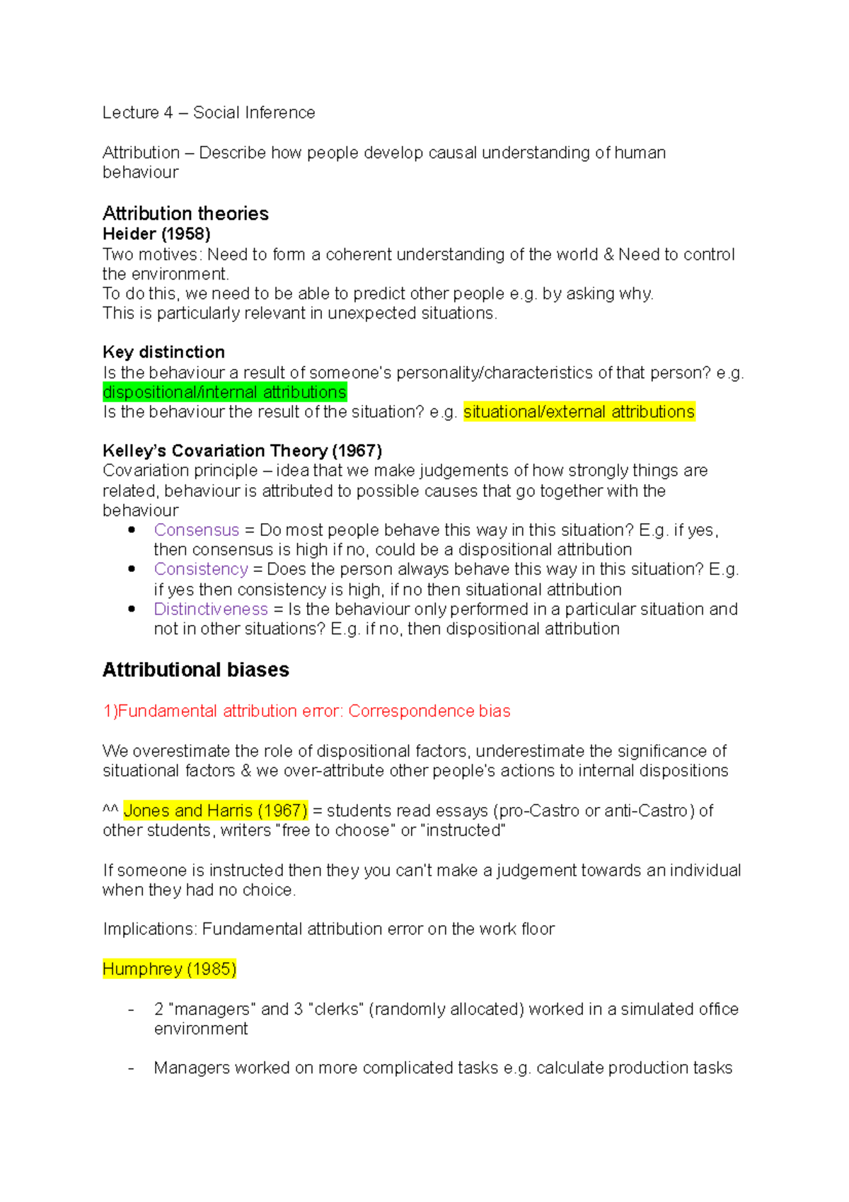 PS1016- L4 Social Inference - Lecture 4 – Social Inference Attribution ...