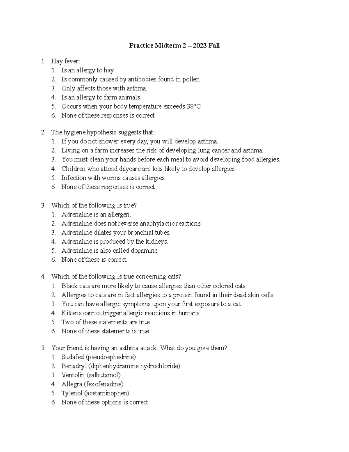 183Fall23 Practice MT 2 - Practice Midterm 2 – 2023 Fall Hay fever: Is ...