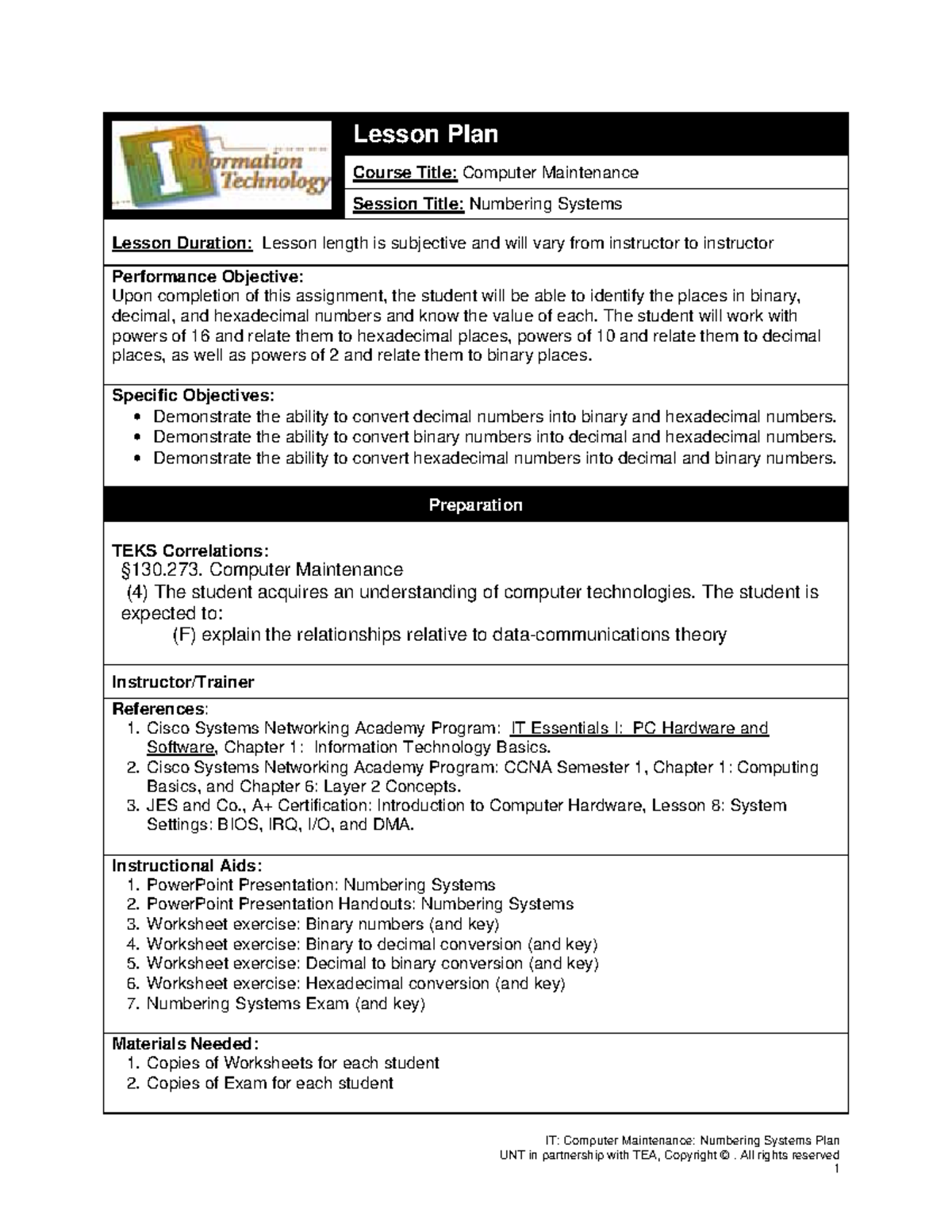Number Lesson worksheets and exams - IT: Computer Maintenance ...