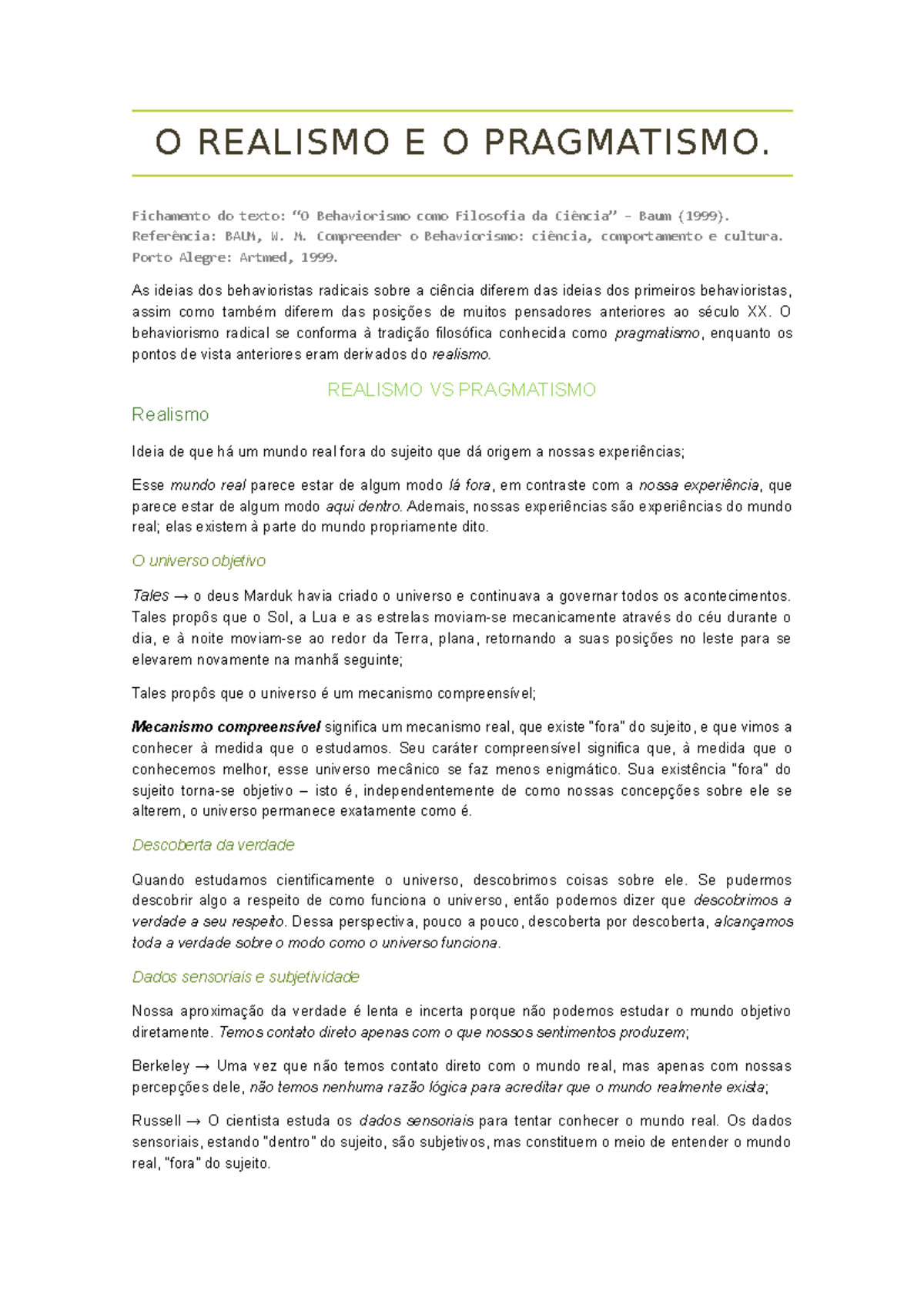 O realismo e o pragmatismo - O REALISMO E O PRAGMATISMO. Fichamento do ...