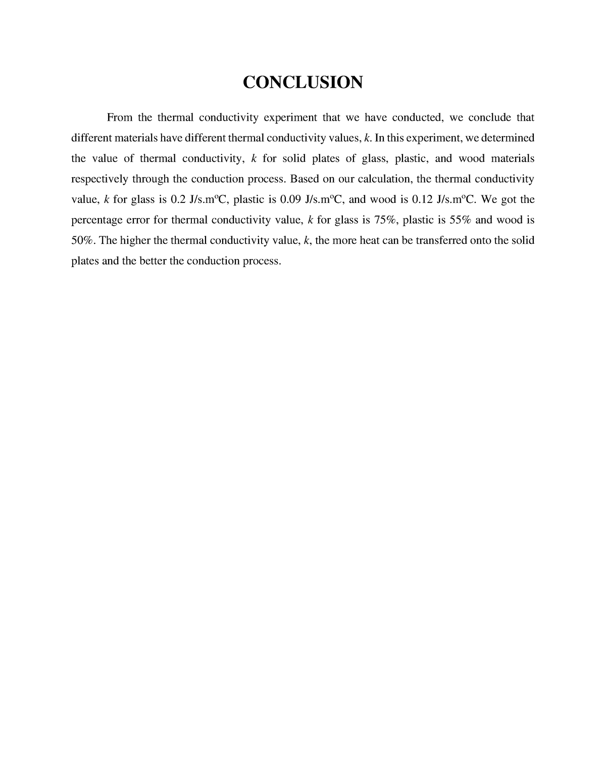 thermal conductivity experiment conclusion