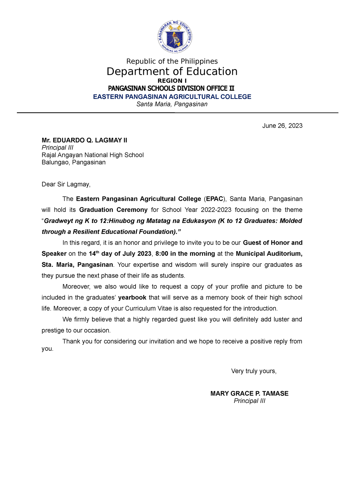 Letter to grad GS - Department of Education REGION I PANGASINAN SCHOOLS ...