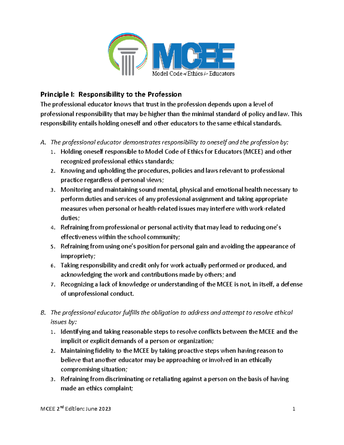 MCEE- Model Code of Ethics for Educators - Principle I: Responsibility ...