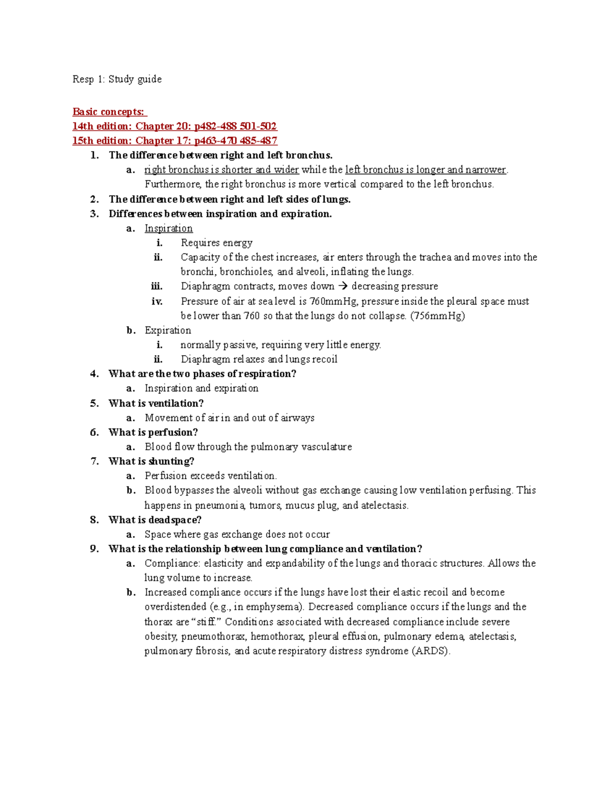 Study Guide Resp 1 - respiratory critical care notes - Resp 1: Study