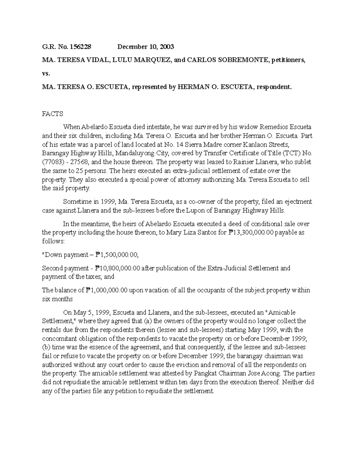 ADR Cases - G. No. 156228 December 10, 2003 MA. TERESA VIDAL, LULU ...