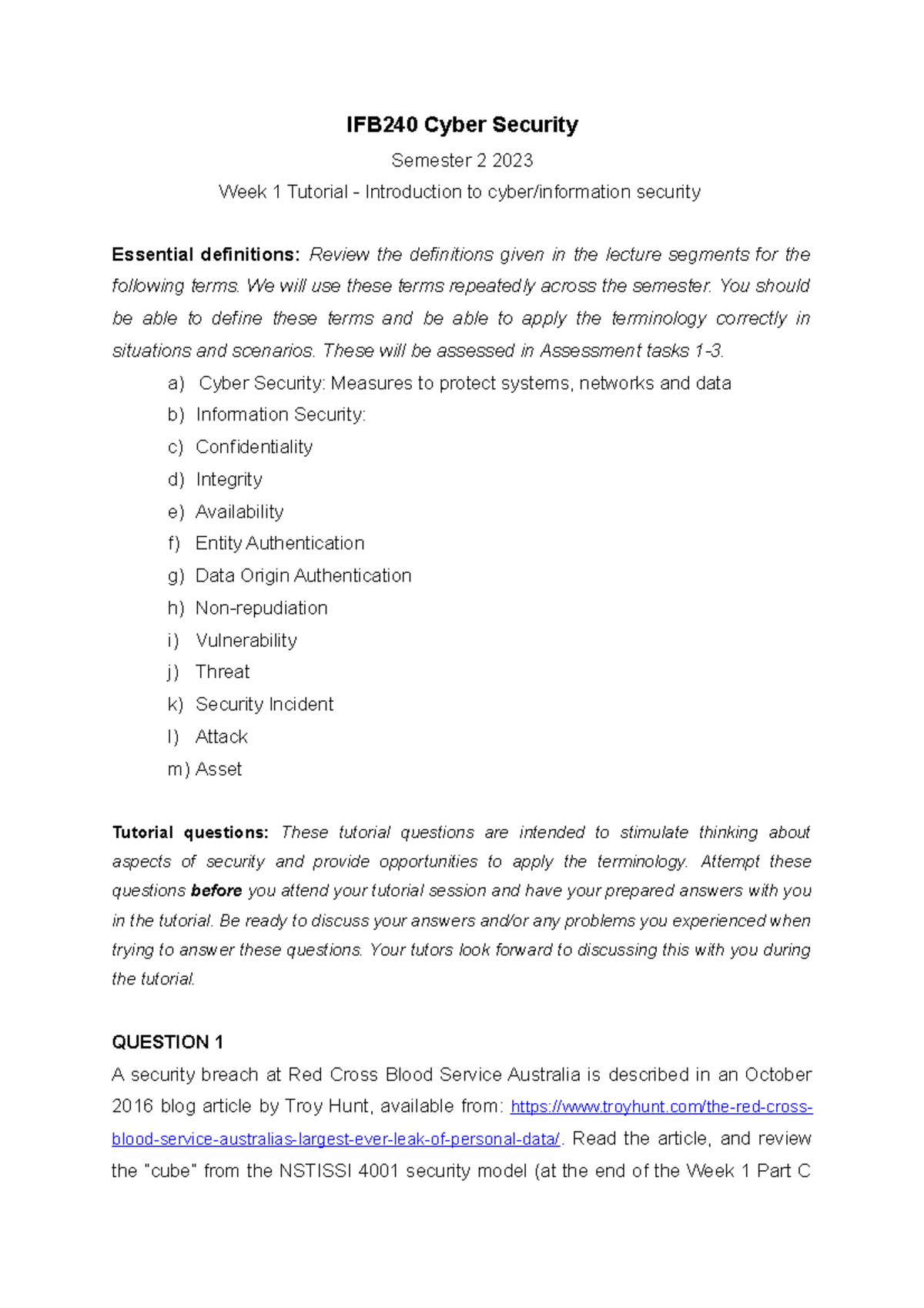 IFB240 2023Sem2 W1 Tutorial Intro to Cyber Sec - IFB240 Cyber Security ...
