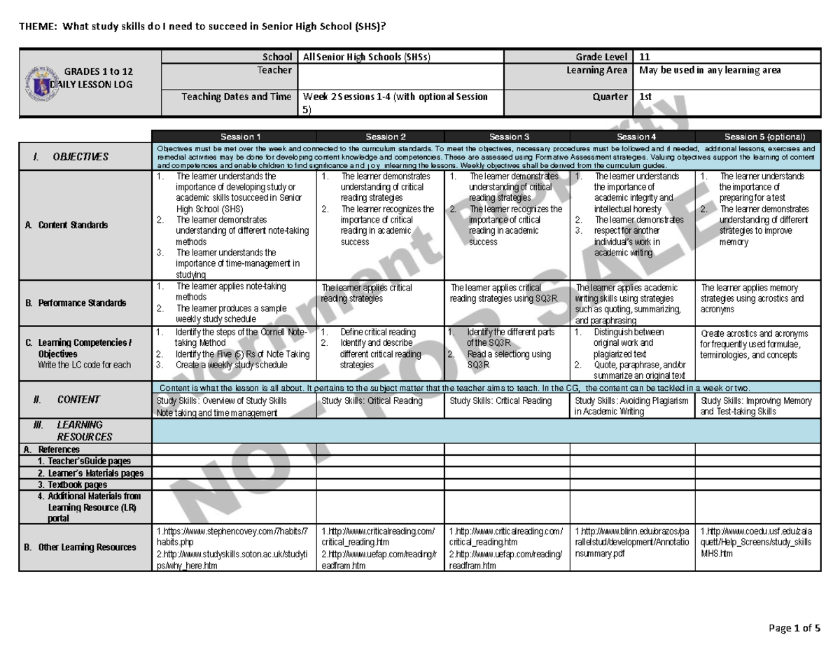 SHS DLL Week 2 - SHS DLL Week 2 - GRADES 1 to 12 DAILY LESSON LOG ...