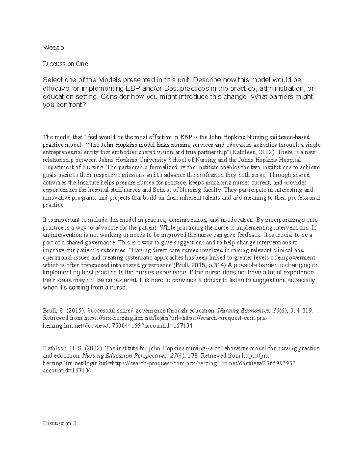Week 5 research paper - Week 5 Discussion One Select one of the Models ...