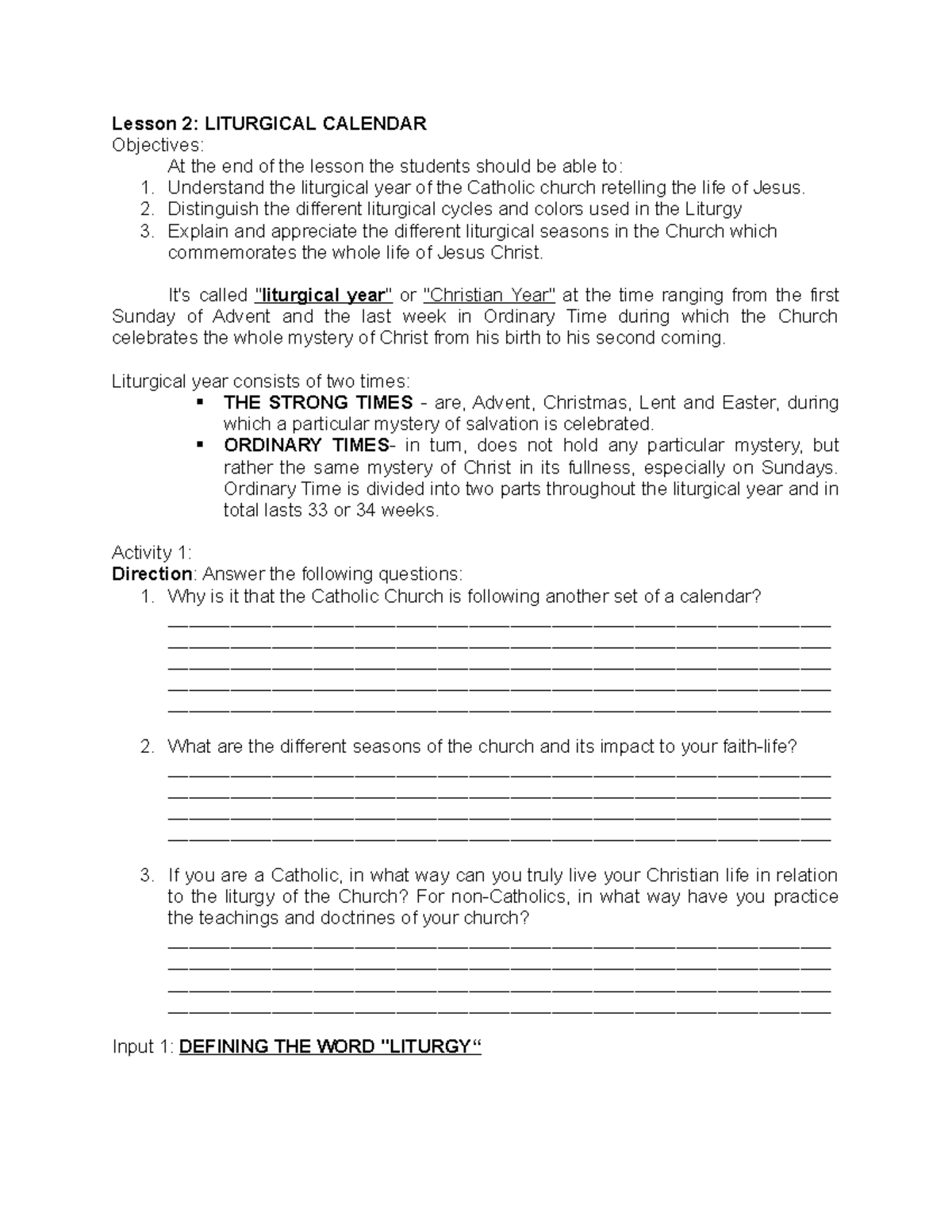Lesson 2 Lesson 2 LITURGICAL CALENDAR Objectives At the end
