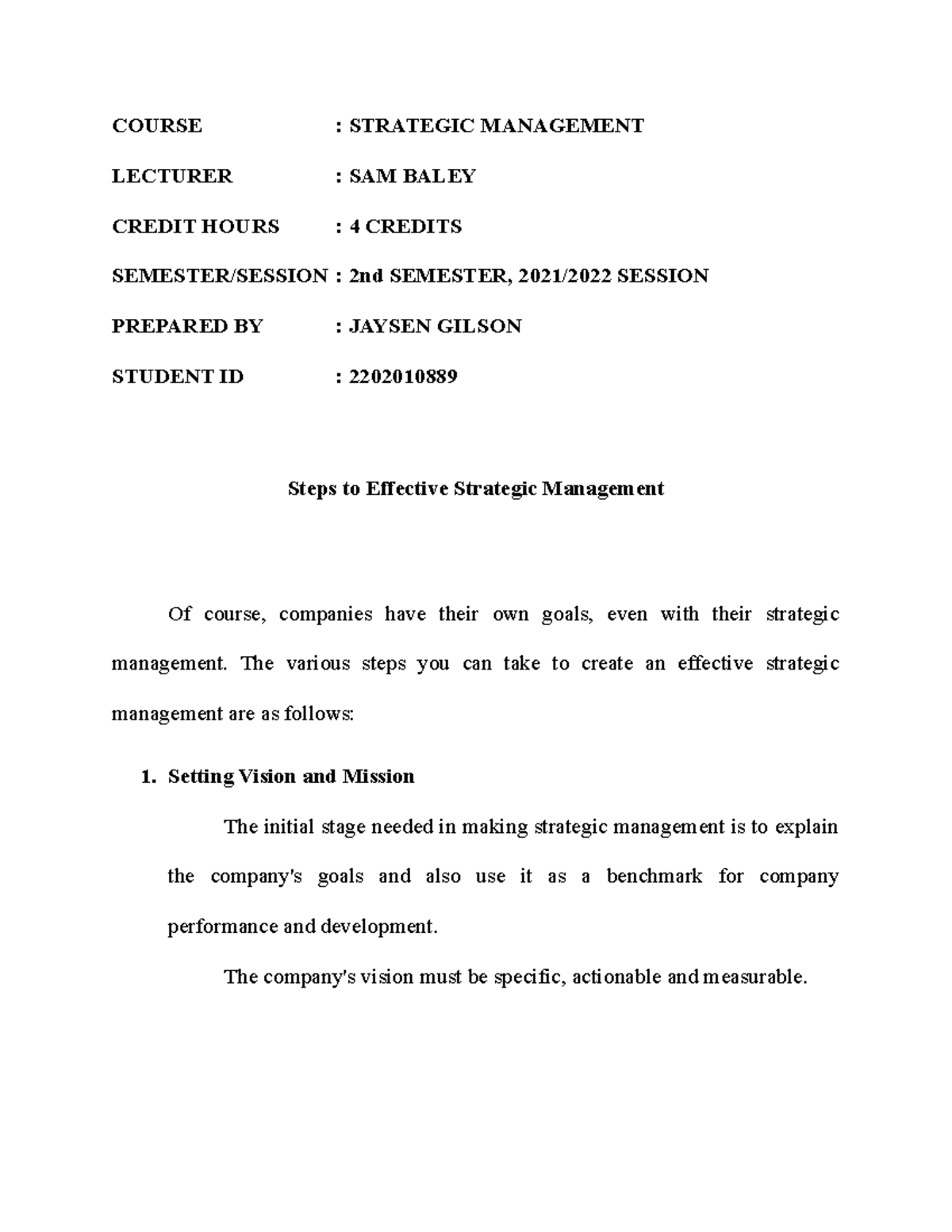 strategic management model essay