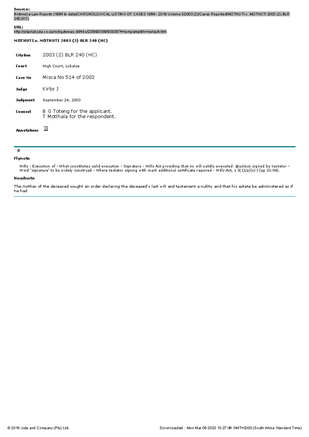 Mothuti v cases Source Botswana Law Reports (1964 to date