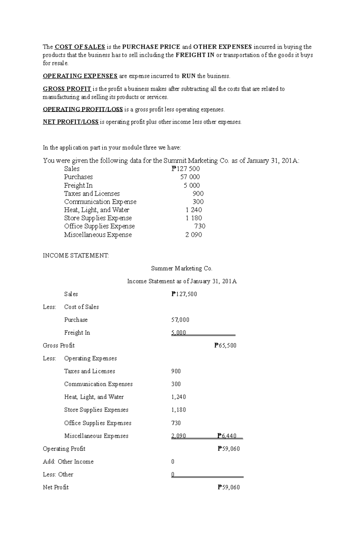 Lesson 2 Profit Or Loss The COST OF SALES Is The PURCHASE PRICE And