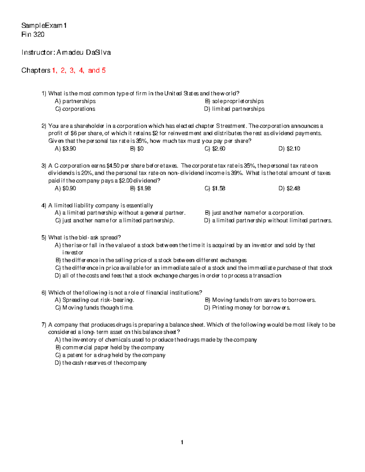 Fin 320 Sample Exam Midterm #1 W/Solutions - SampleExam Fin 320 ...