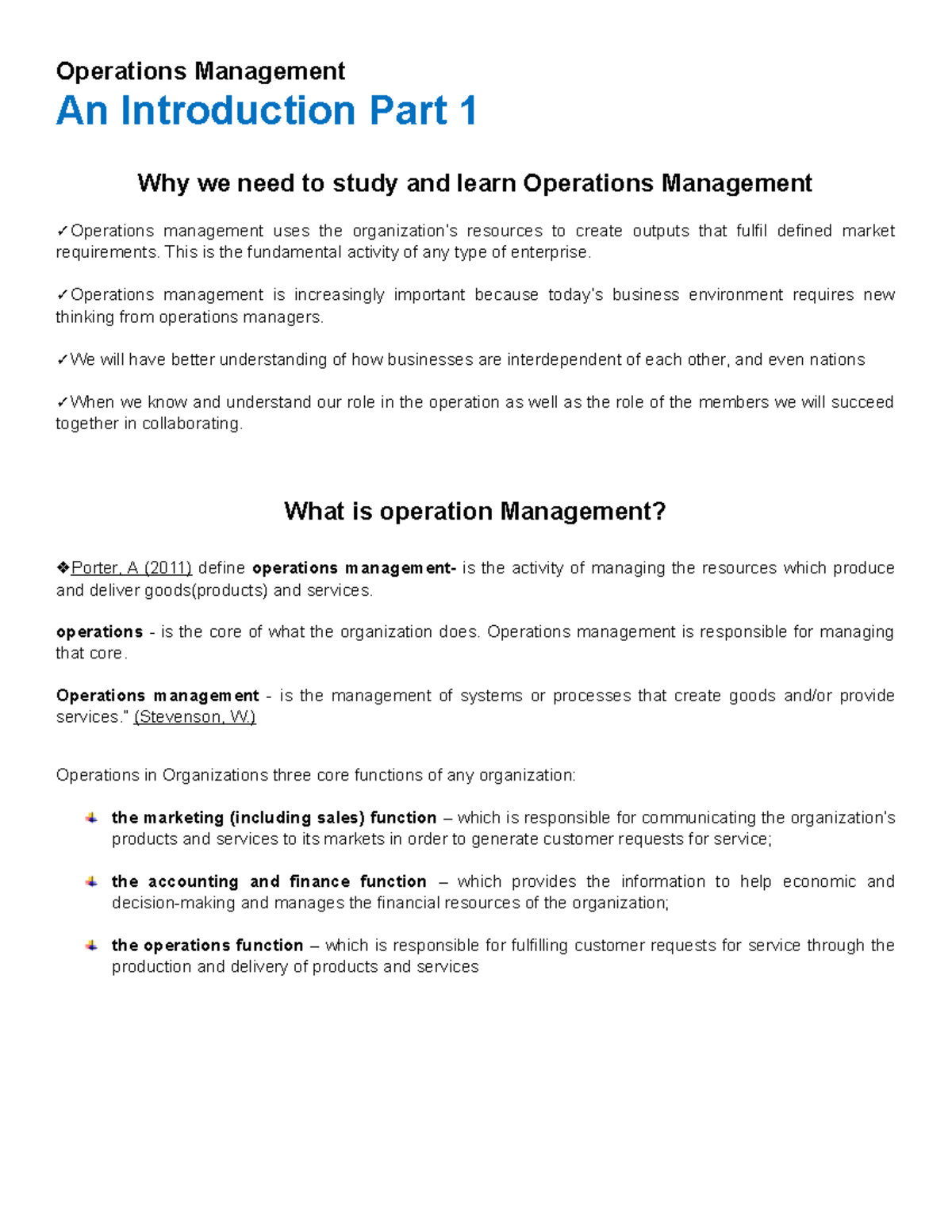 Operation Management Introduction Notes - Operations Management An ...