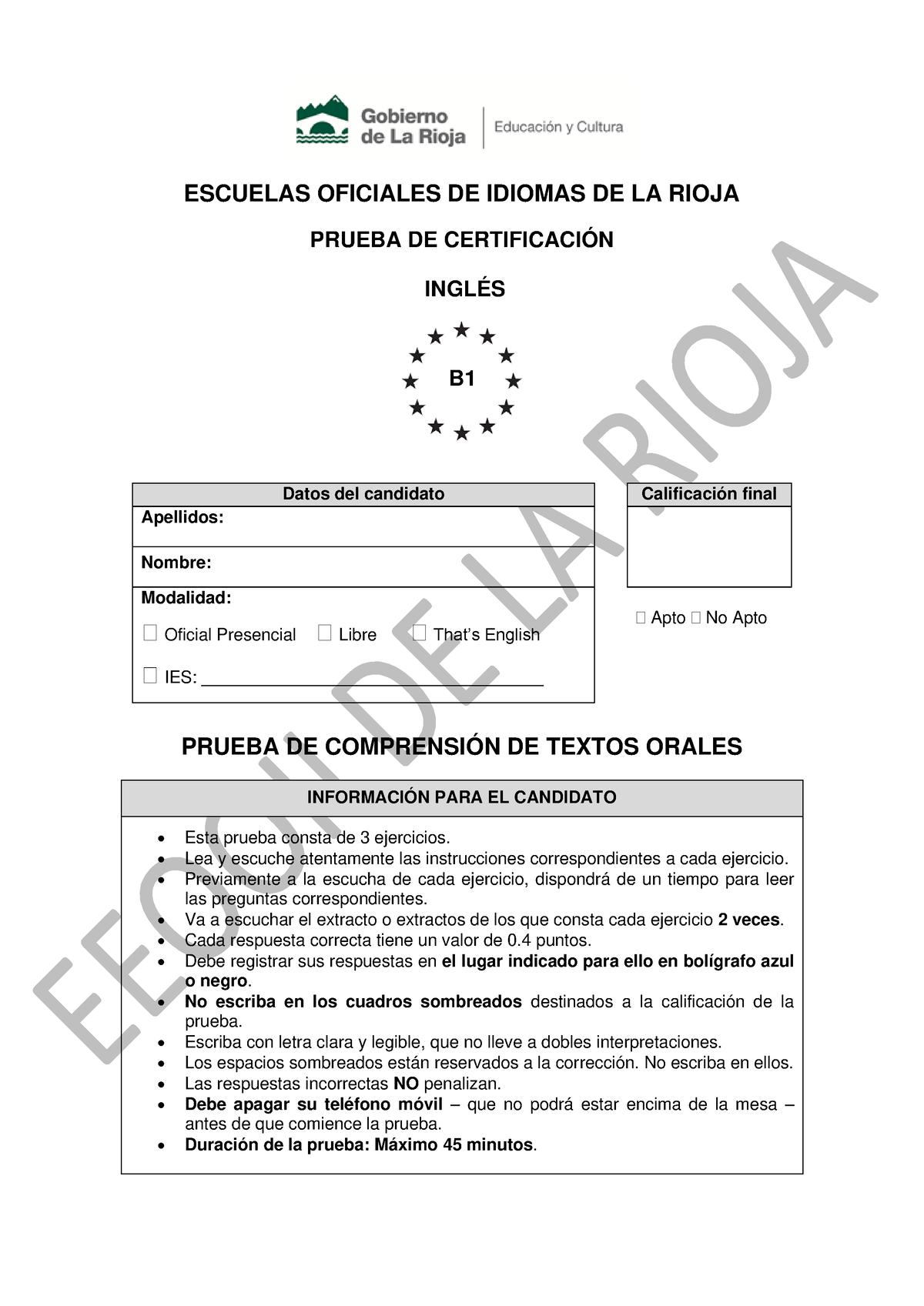 In B1 Comprensión Textos Orales Escuelas Oficiales De Idiomas De La Rioja Prueba De 5866