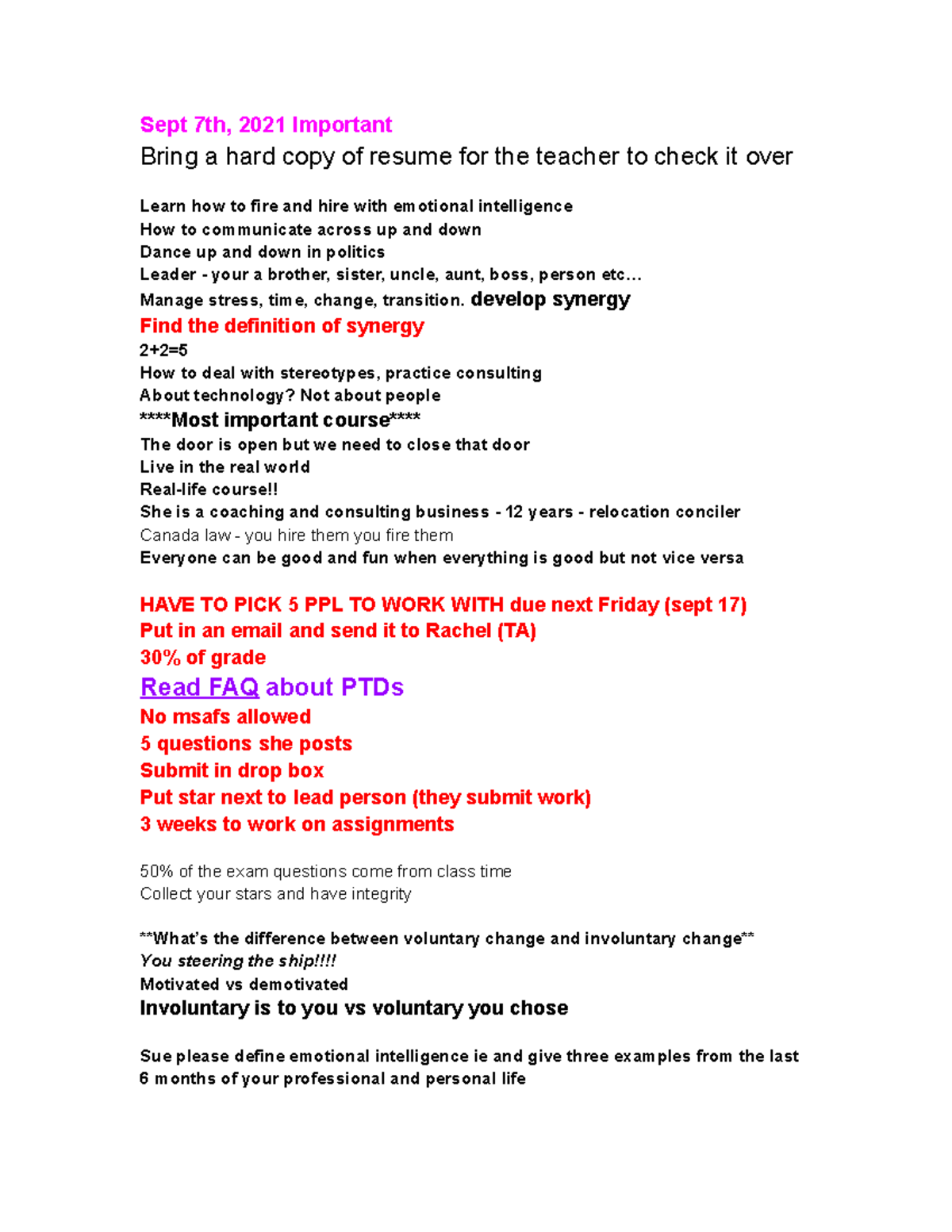 Organizational Behaviour - Notes - Sept 7th, 2021 Important Bring a ...