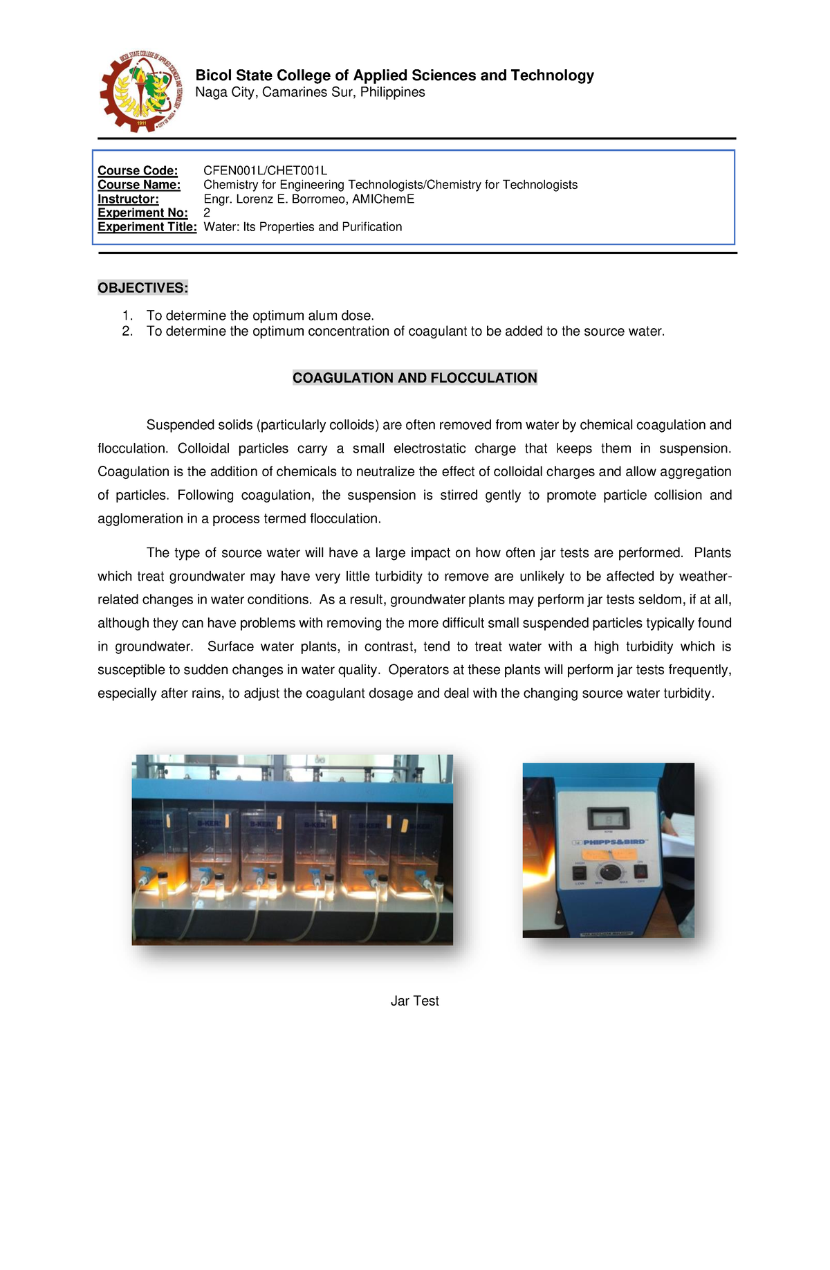 Experiment 2 - Coagulation And Flocculation - Naga City, Camarines Sur ...