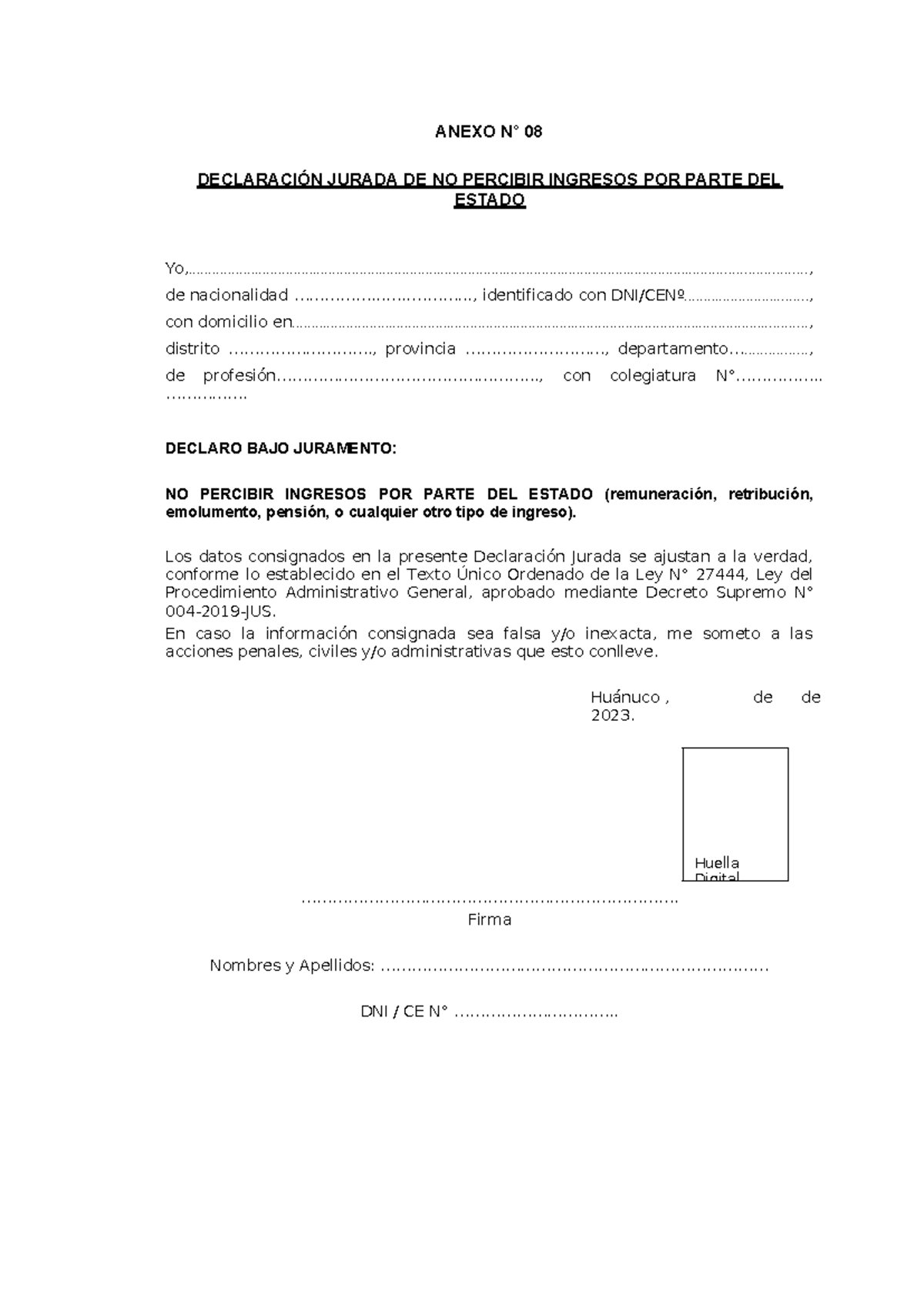 4 Anexo 8 - ANEXO N° 08 DECLARACIÓN JURADA DE NO PERCIBIR INGRESOS POR ...