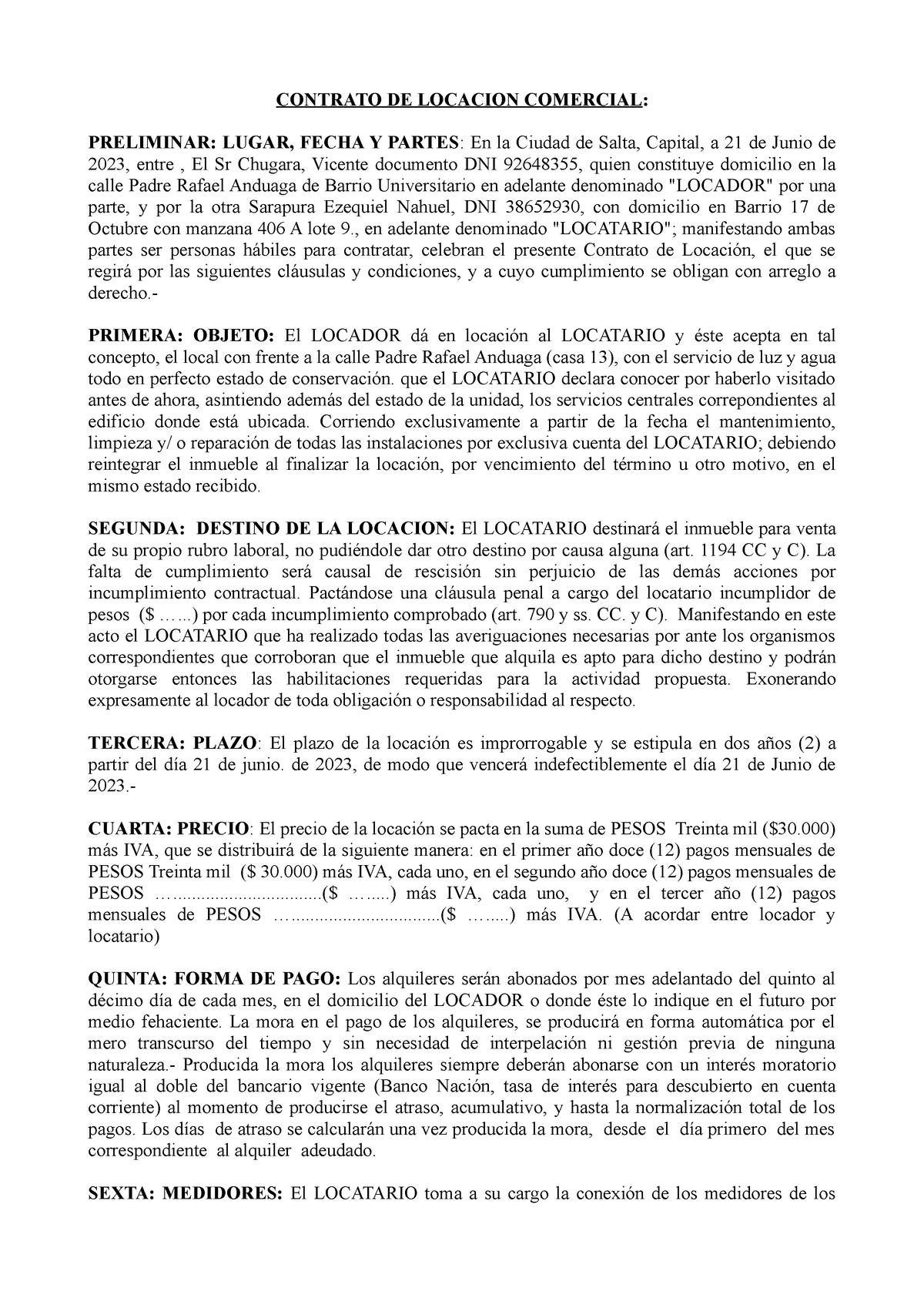 Contrato Locacion Comercial Modelo Basico Ccyc Contrato De Locacion Comercial Preliminar 3513