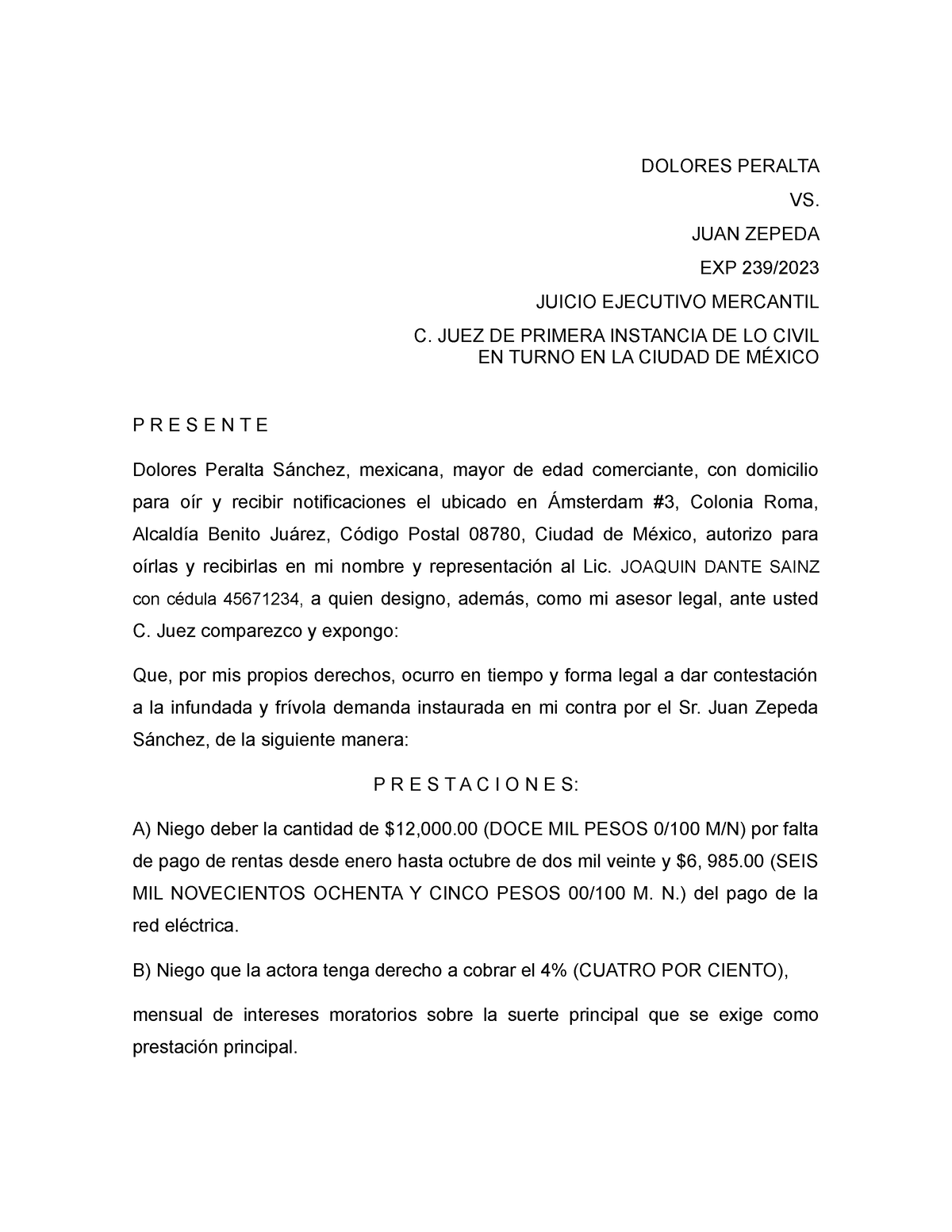 Contestación Demanda - Escrito - DOLORES PERALTA VS. JUAN ZEPEDA EXP ...