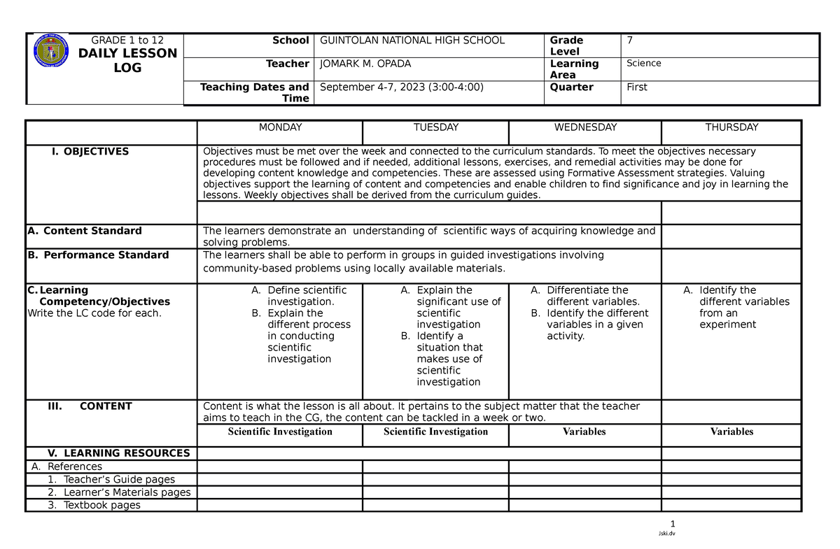 September 4-7 2023 - Lesson log - GRADE 1 to 12 DAILY LESSON LOG School ...