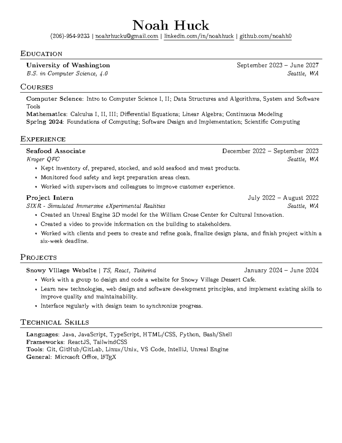 Noah Huck Resume 24 02 - Noah Huck (206)-954-9233 