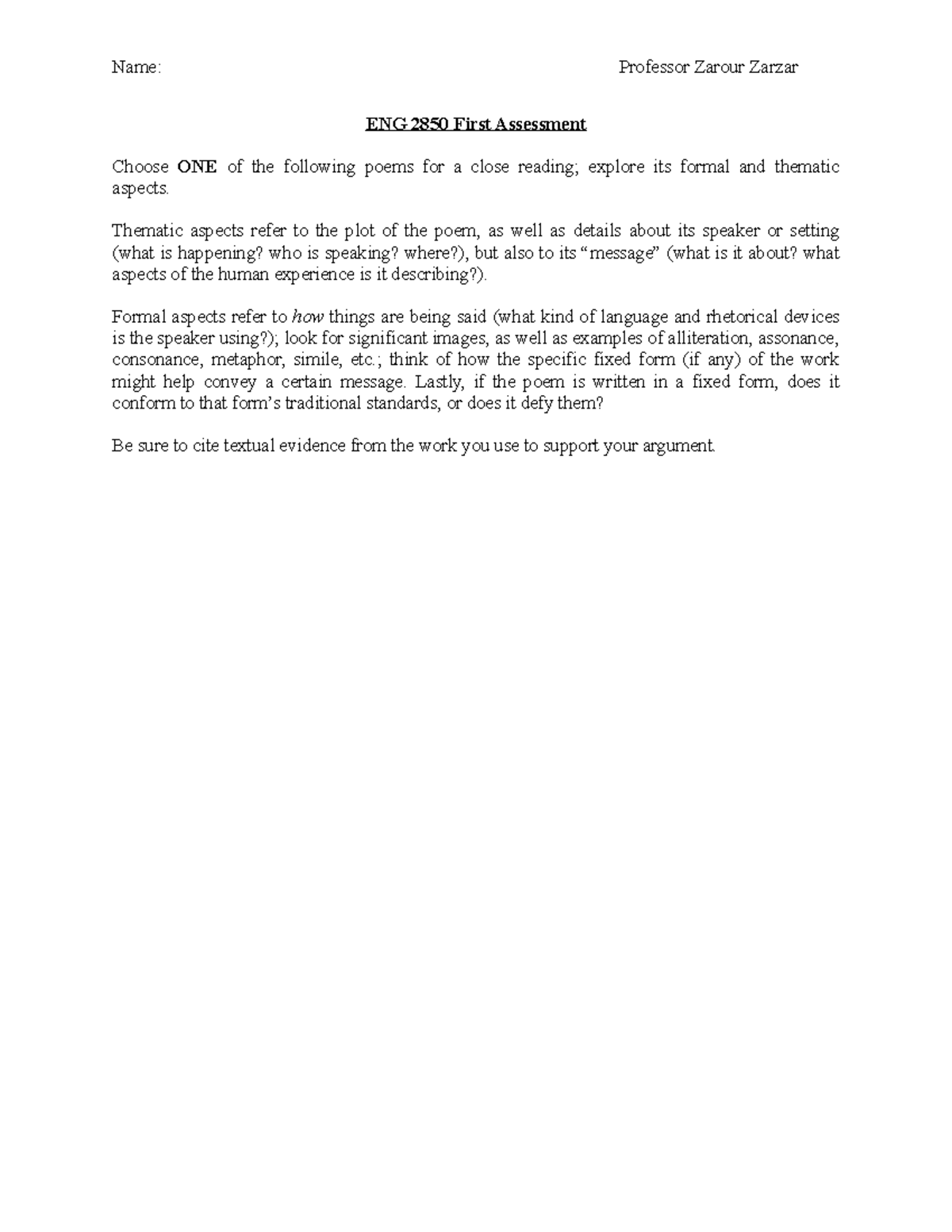 First Assessment Instructions - Name: Professor Zarour Zarzar ENG 2850 ...