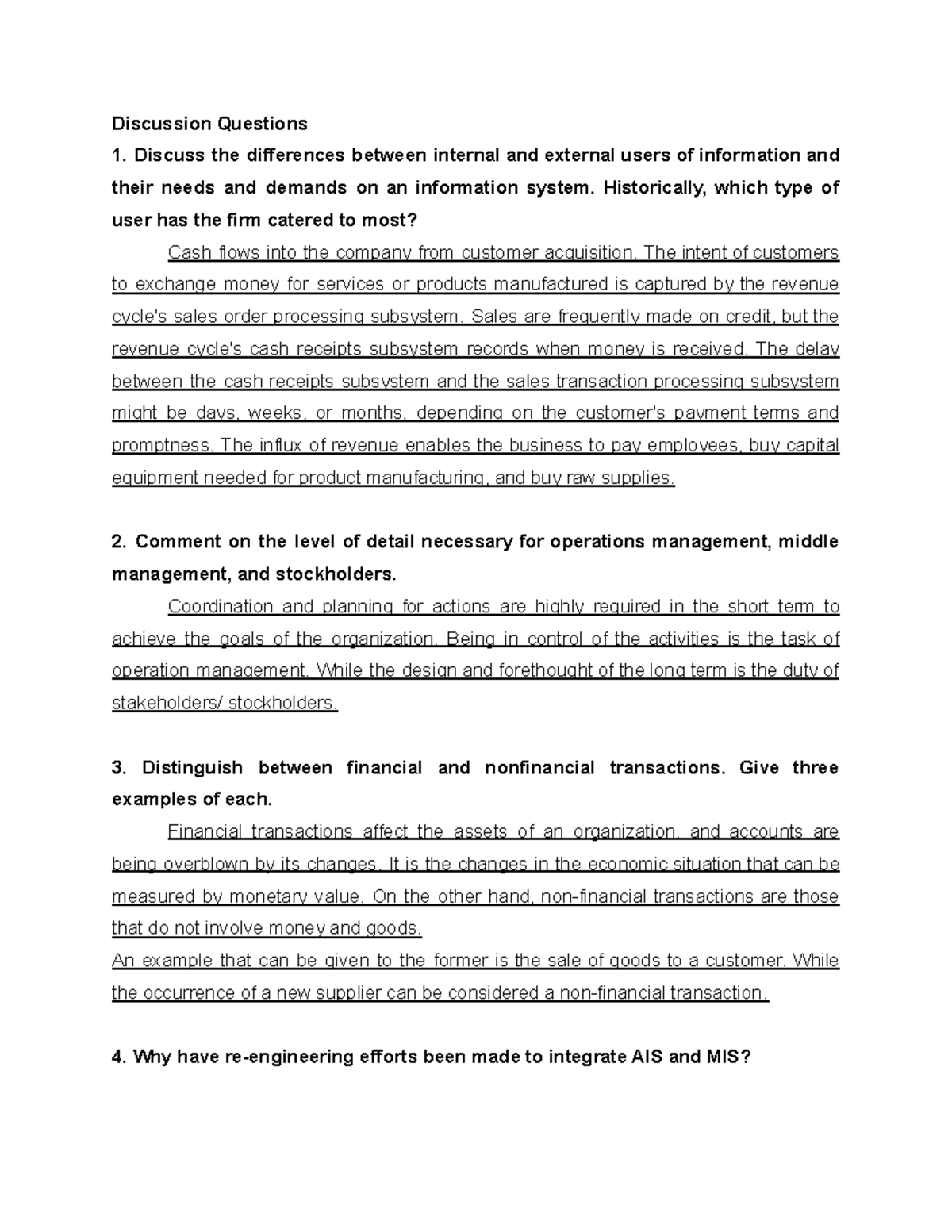 Chapter 1 AIS - AIS - **Discussion Questions Discuss the differences ...