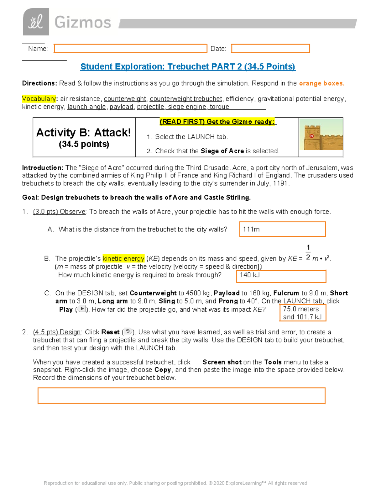 Trebuchet Gizmo (PART 2) - Name: Date: Student Exploration: Trebuchet ...