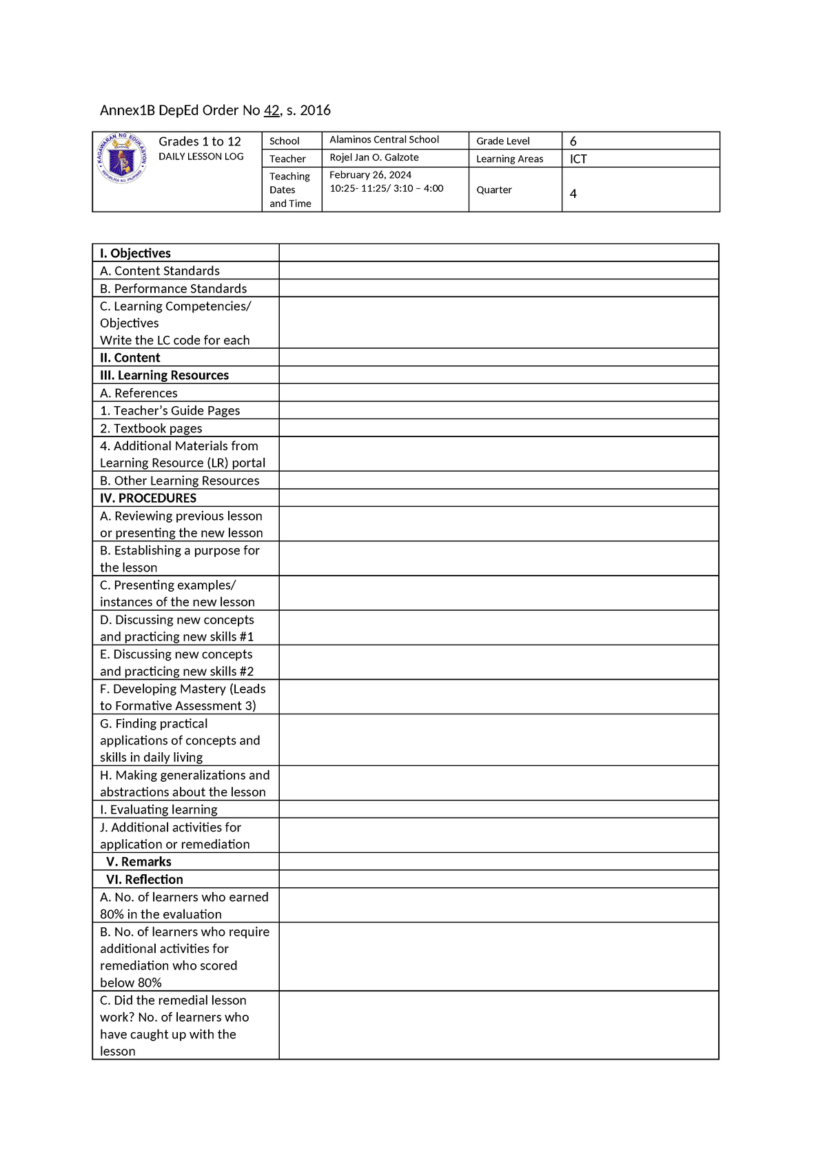 Dep Ed DLL- English - DLL - Annex1B DepEd Order No 42 , s. 2016 Grades ...