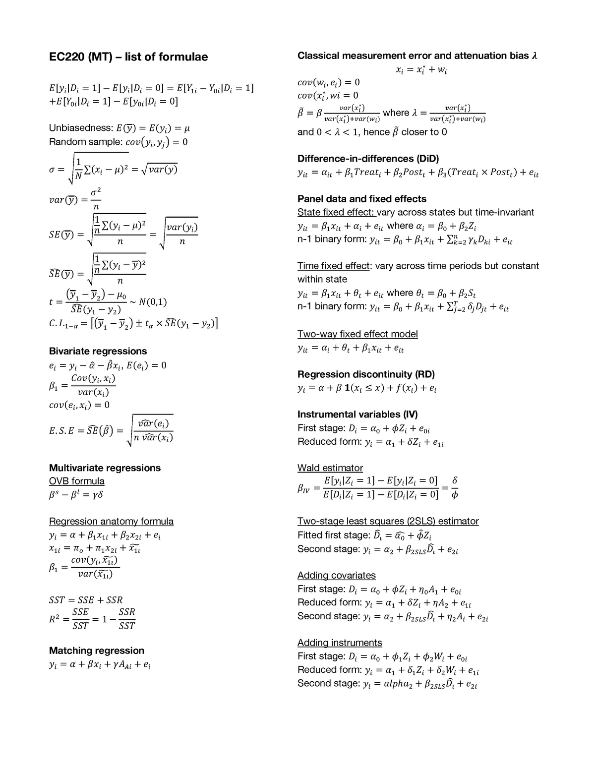 Ec221 Mt Formula Sheet Studocu