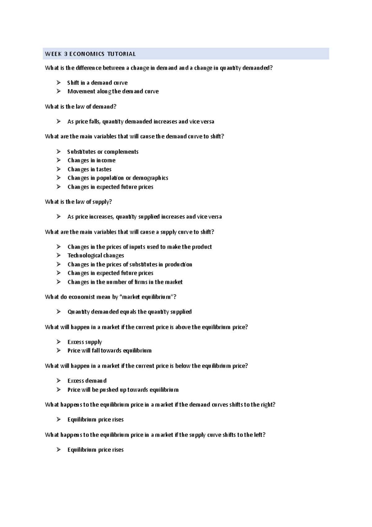 Week 3 Economics Tutorial - WEEK 3 ECONOMICS TUTORIAL What is the ...