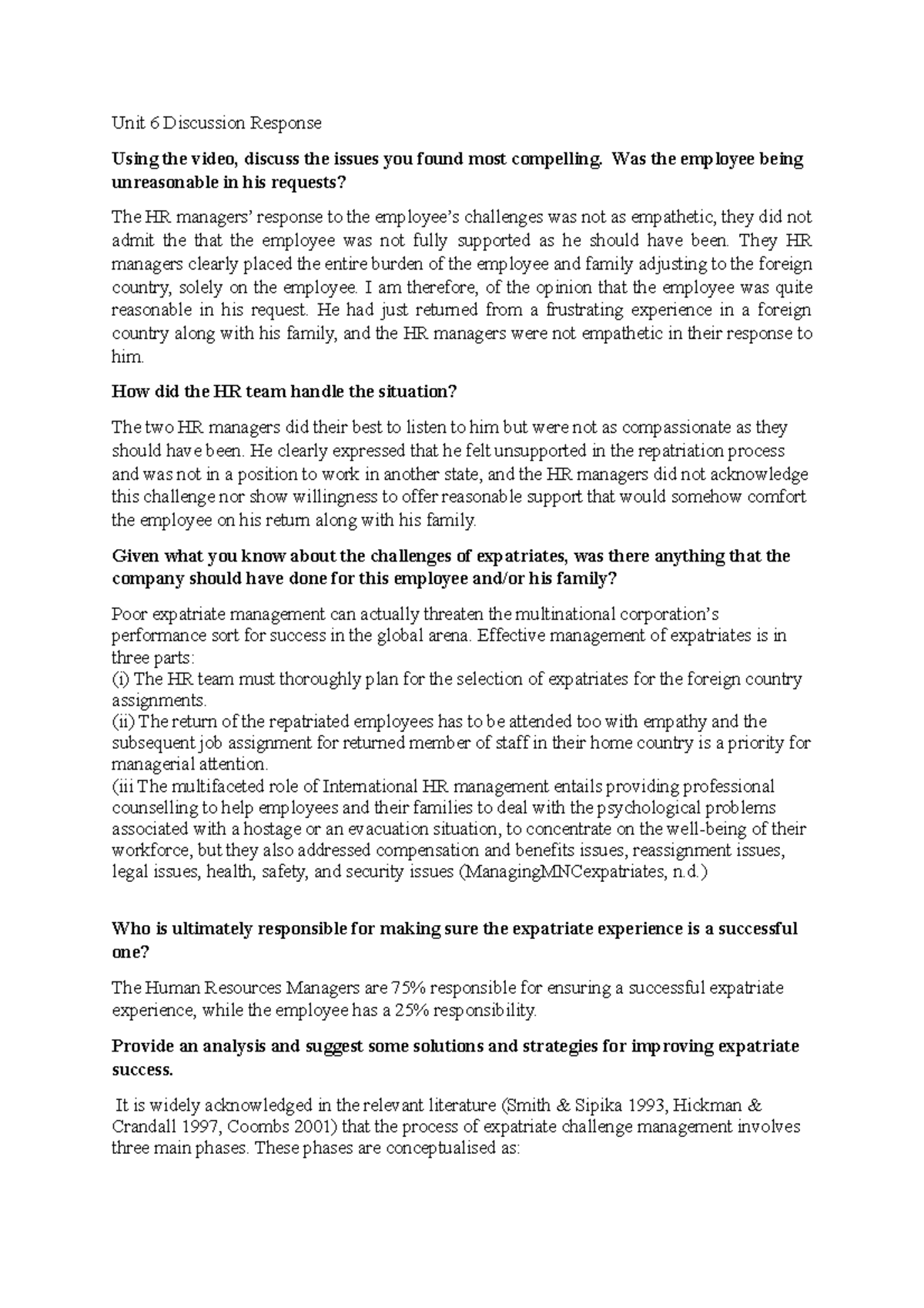 Unit 6 Discussion Response Unit 6 Discussion Response Using the video