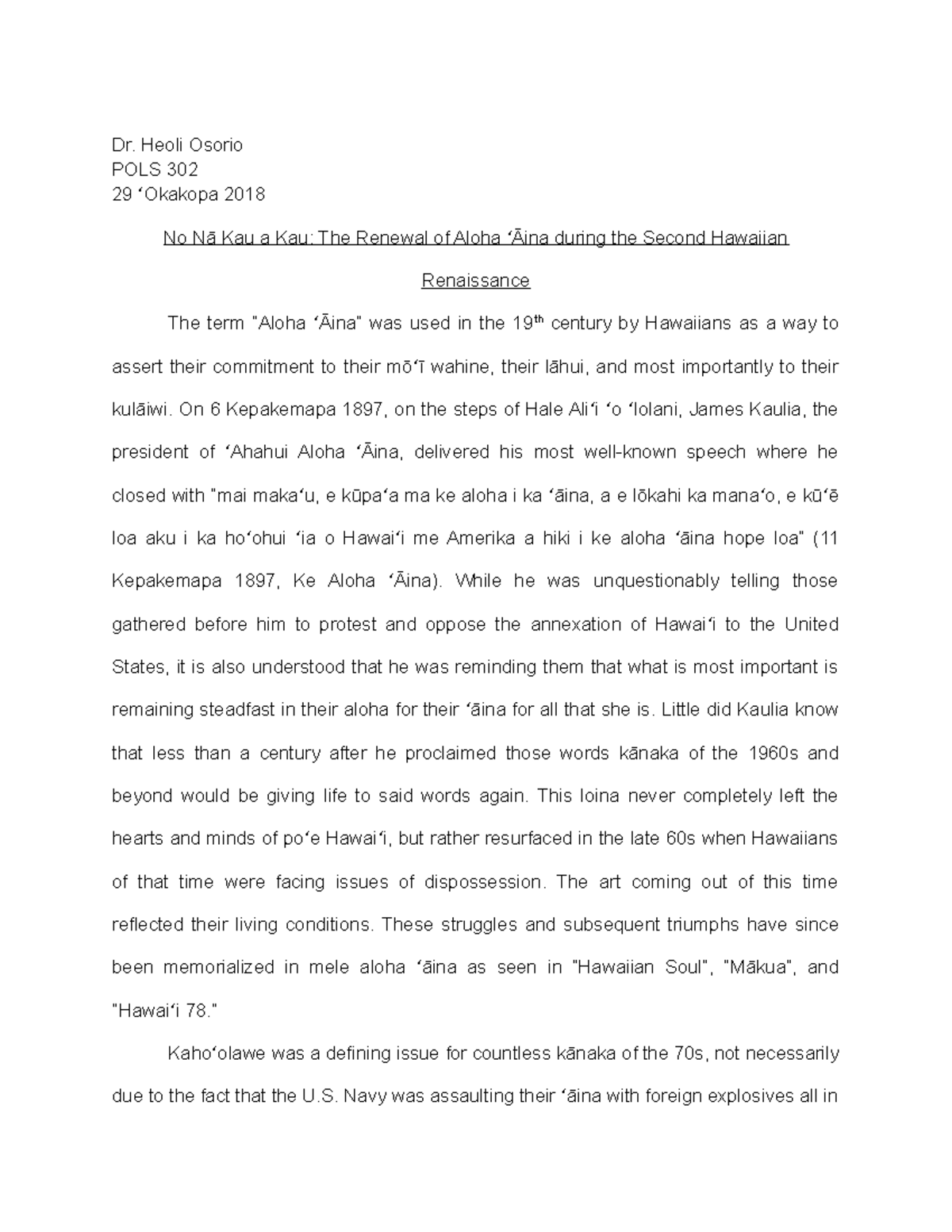 No Na Kau Akau Grade A Dr Heoli Osorio Pols 302 29 ʻokakopa 18 No Na Kau A Kau The Renewal Studocu