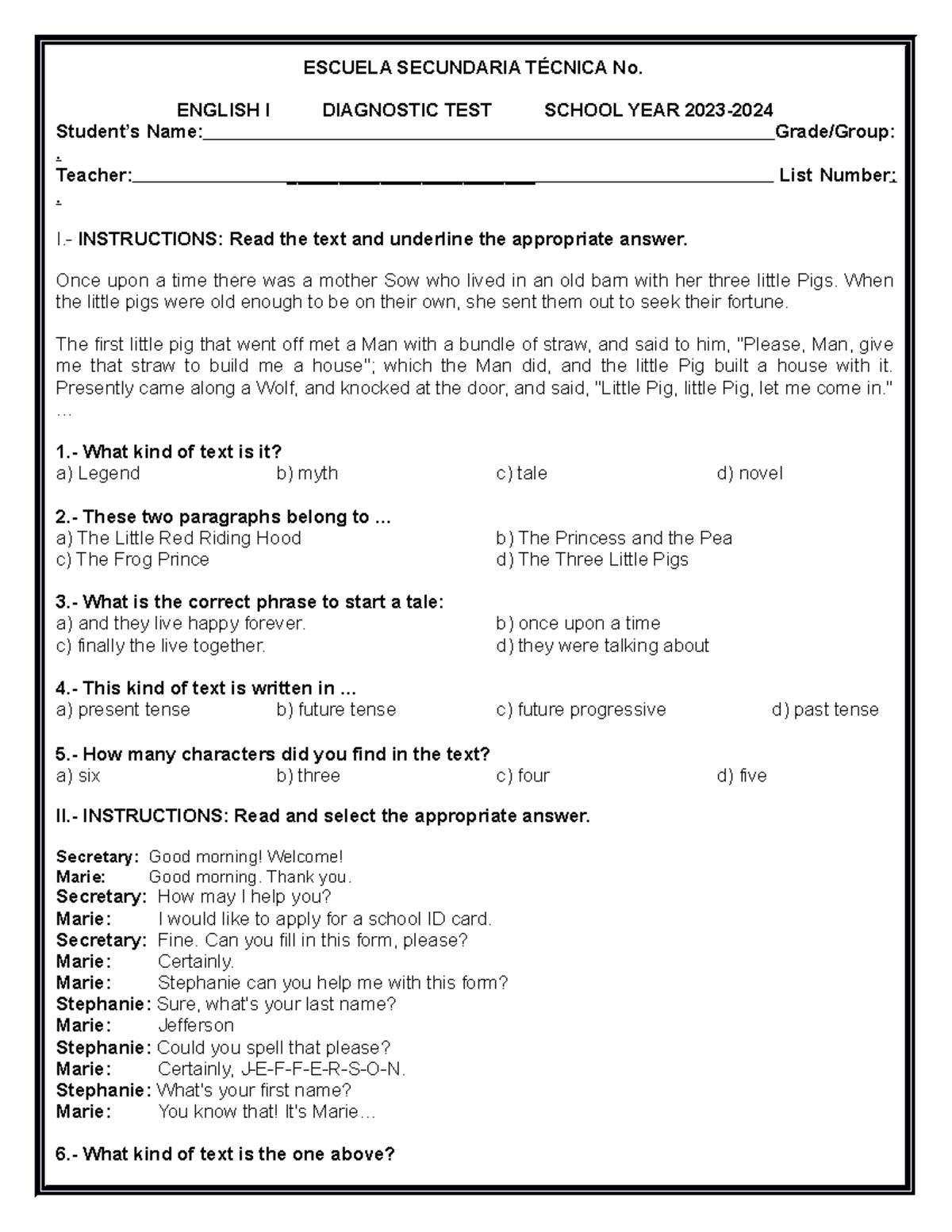 Examen DE Diagnostico 1º 20232024 ESCUELA SECUNDARIA TÉCNICA No
