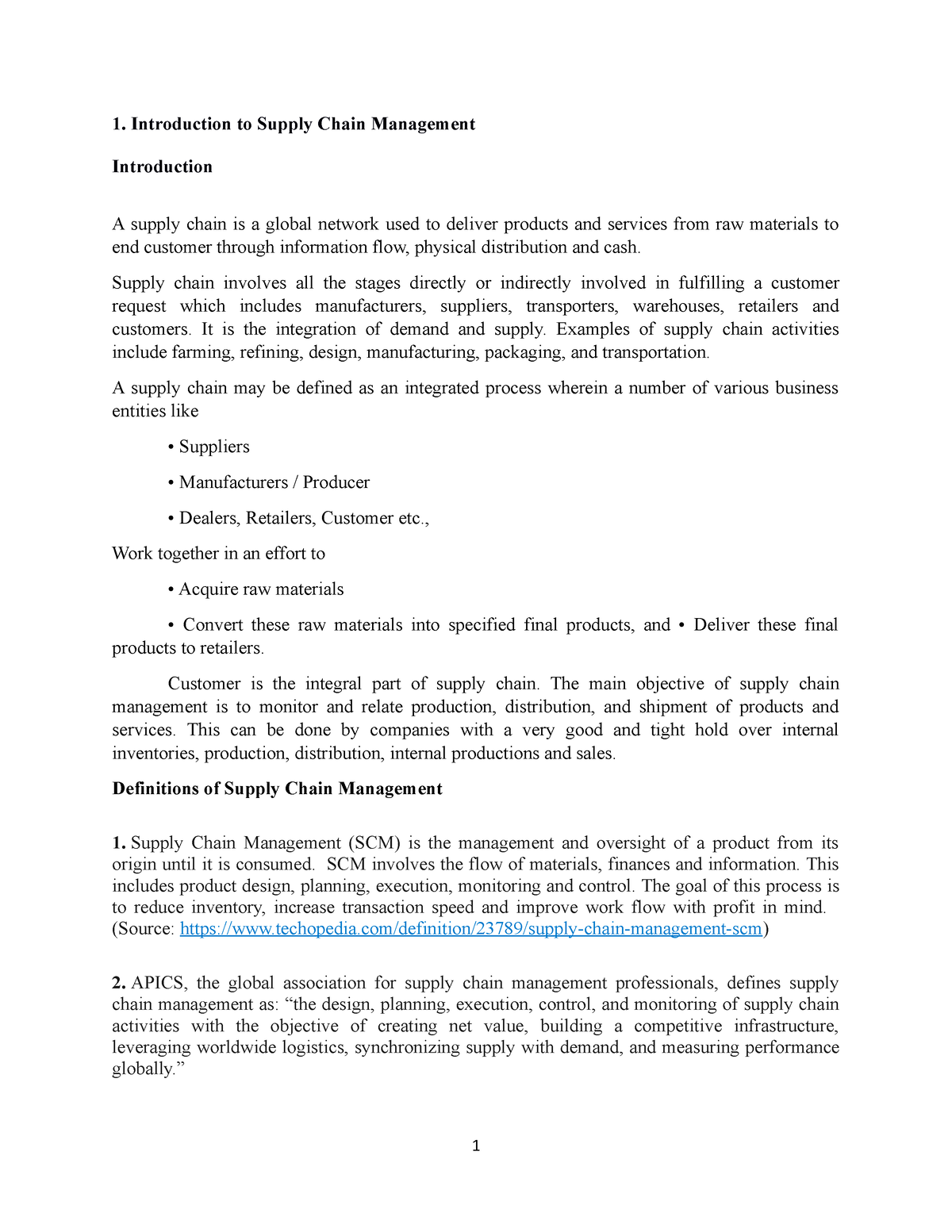 supply chain management assignment introduction