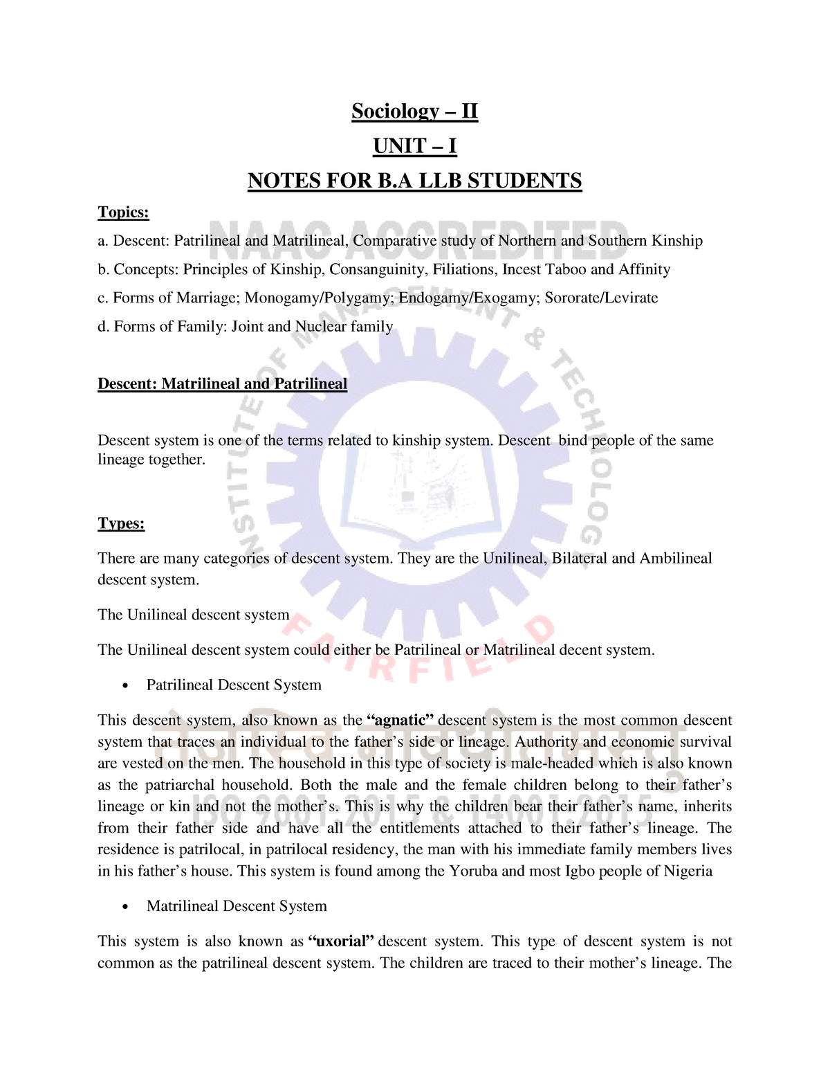 50456 Ballb 108 - Sociology – II UNIT – I NOTES FOR B LLB STUDENTS ...