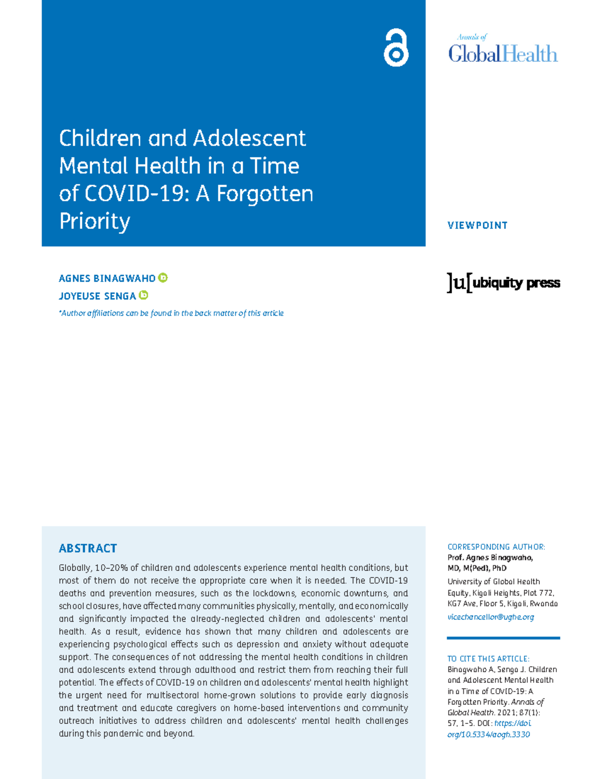 Children and Adolescent Mental Health in a Time of Covid 19 A Forgotten ...